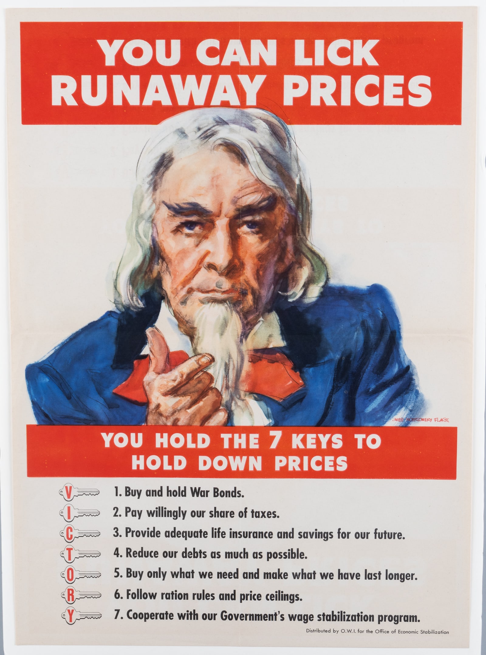 LICK RUNAWAY PRICES - JAMES MONTGOMERY FLAGG POSTER: American WWII poster: 'You can beat runaway prices - you hold the 7 keys to control prices.' Artwork by James Montgomery Flagg (1877-1960), created for the Office of War Information (OWI) and the Offi