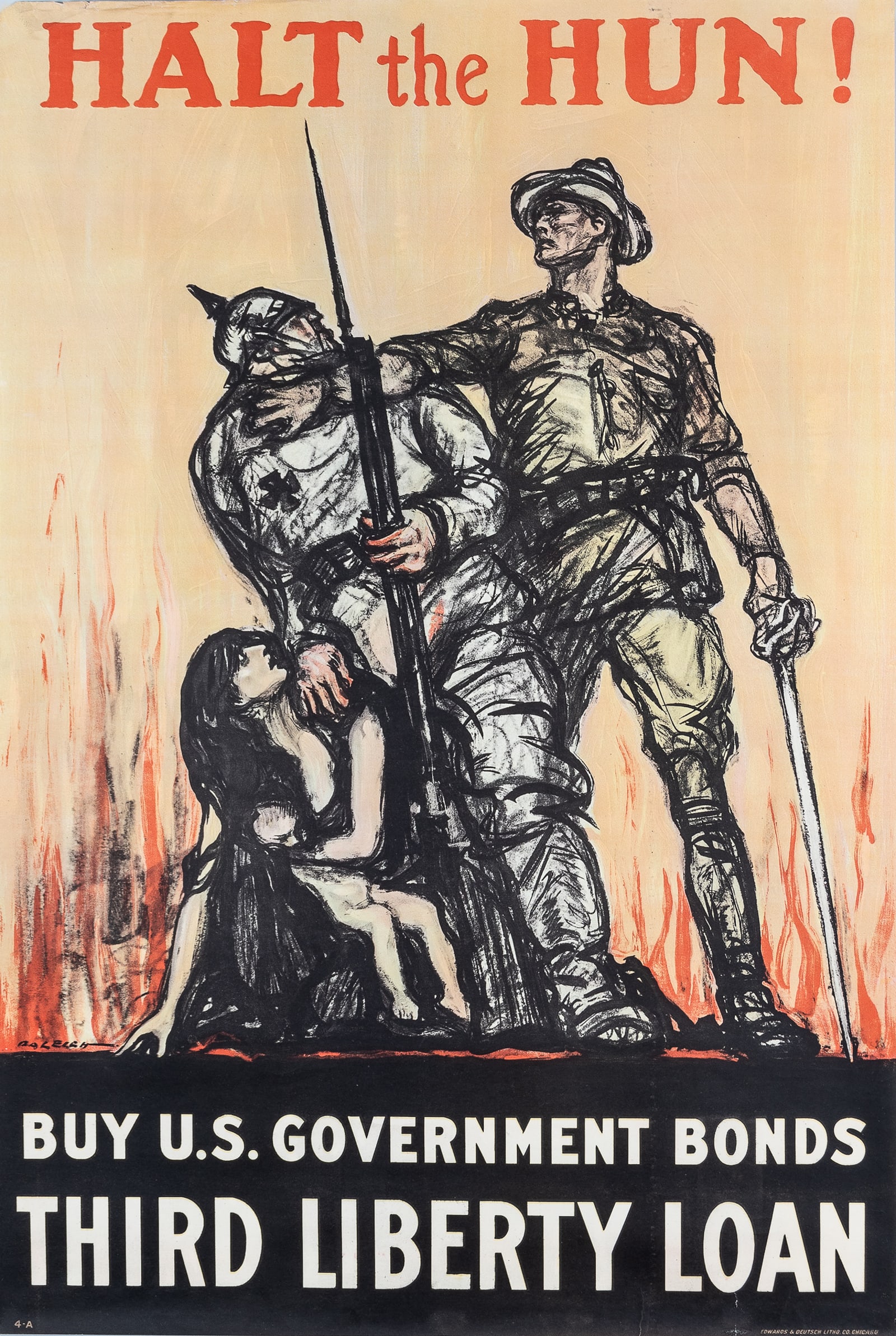 HALT THE HUN! WWI PROPAGANDA POSTER BY HENRY RALEIGH: Original WWI American Third Liberty Loan poster, 'Halt the Hun! Buy U.S. Government Bonds - Third Liberty Loan.' Artwork by Henry P. Raleigh (1880-1944), 1918. 20 x 30 inches. Very good. Ships rolled.