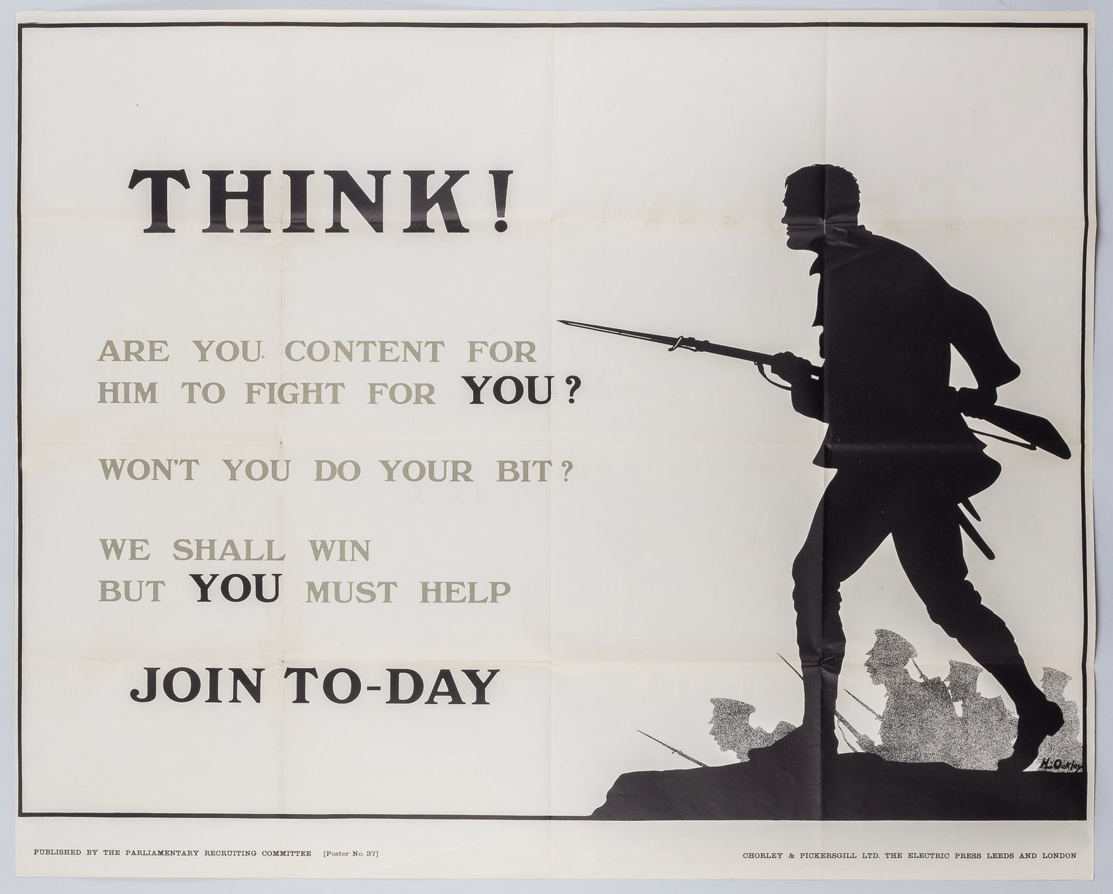 JOIN TO-DAY BRITISH WWI RECRUITING POSTER: Original WWI British recruiting poster, 'Think! Are you content for him to fight for You? Won't you do your bit? We shall win, but You must help - Join To-Day.' Published by the Parliamentary Recruiti
