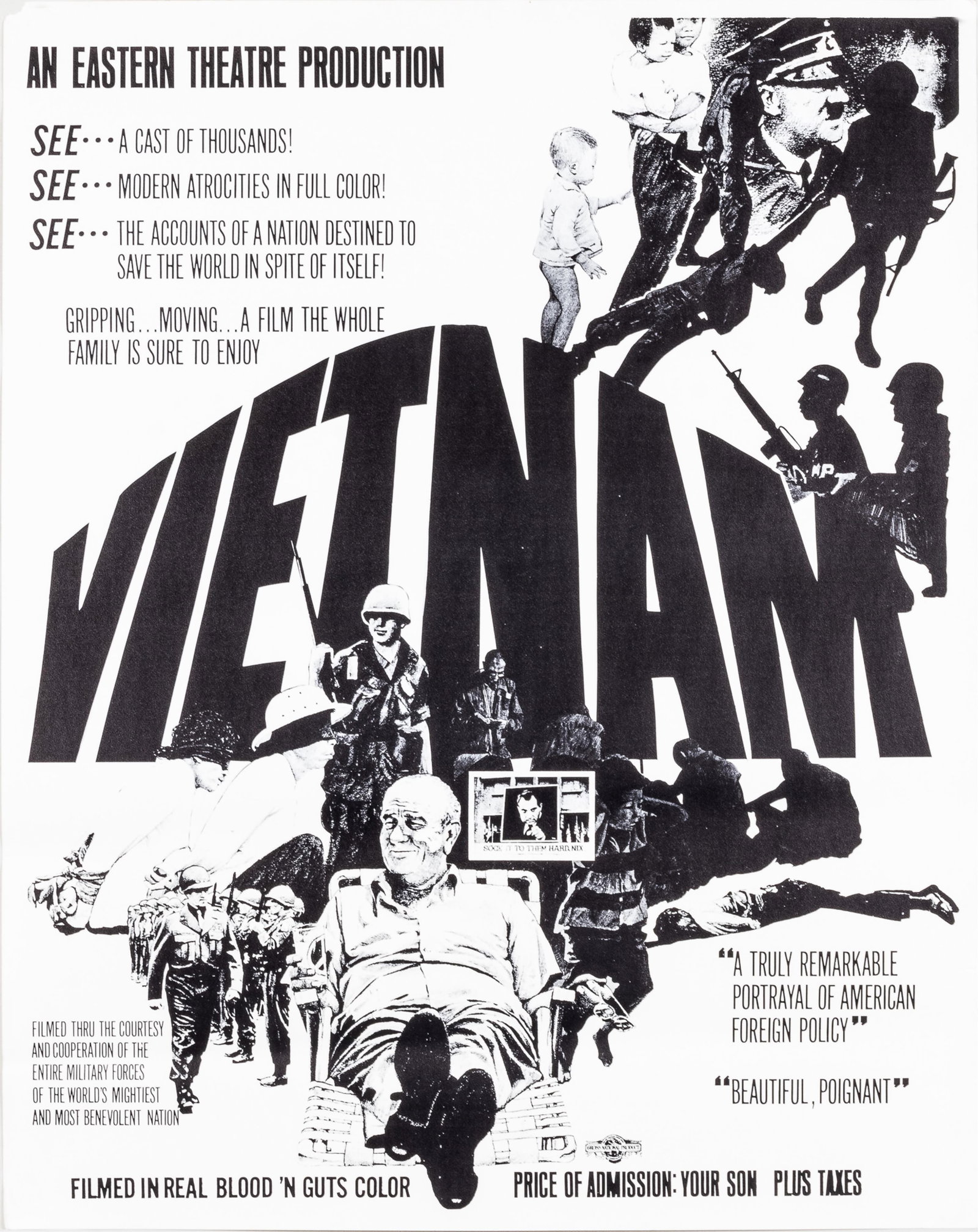 ANTI-VIETNAM PROTEST POSTER 1968: Anti-Vietnam protest poster, 'Vietnam: An Eastern Theater Production - See... A Cast of Thousands - Modern Atrocities in Full Color' artwork by David Nordahl, 1968. Reads 'Vietnam,' with illustrations