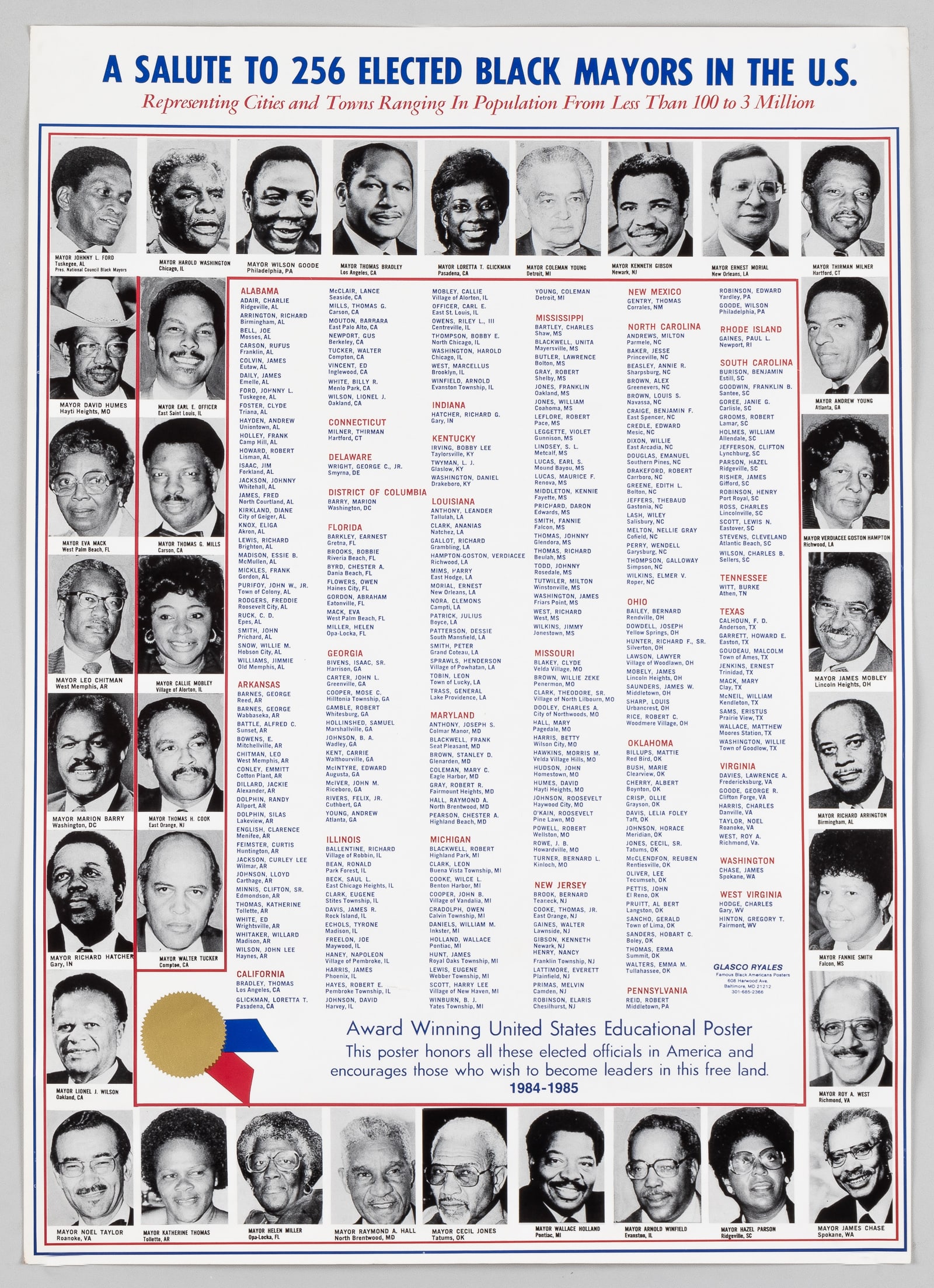 FAMOUS BLACK AMERICANS CIVIL RIGHTS - BLACK HISTORY POSTER: A Salute to 256 Elected Black Mayors in the U.S. educational poster. 'This poster honors all these elected officials in America and encourages those who wish to become leaders in this free land. 1984 