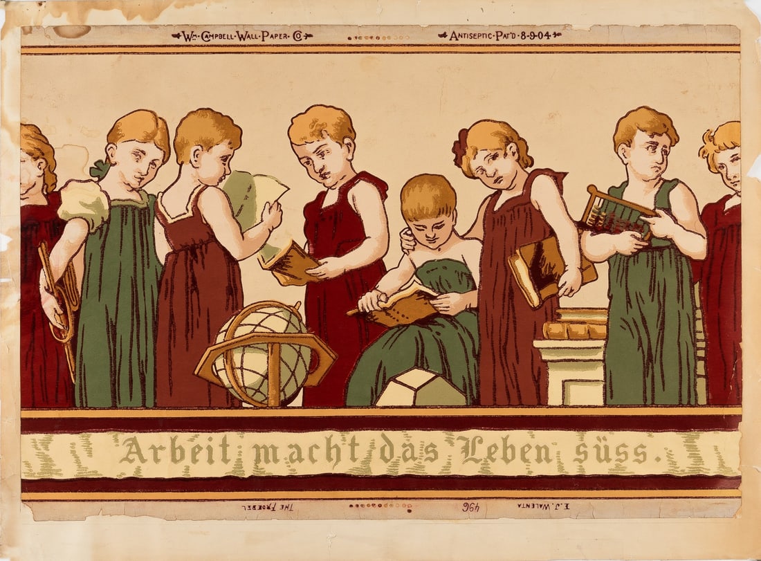 FRIEDRICH FROEBEL FRIEZE KINDERGARTEN WALLPAPER BY E.J. WALENTA: The Froebel frieze is a scarce original section of antiseptic wallpaper panel designed as an educational visual for kindergartens. Manufactured in 1905 by Wm. Campbell Wall Paper Co., it was treated t