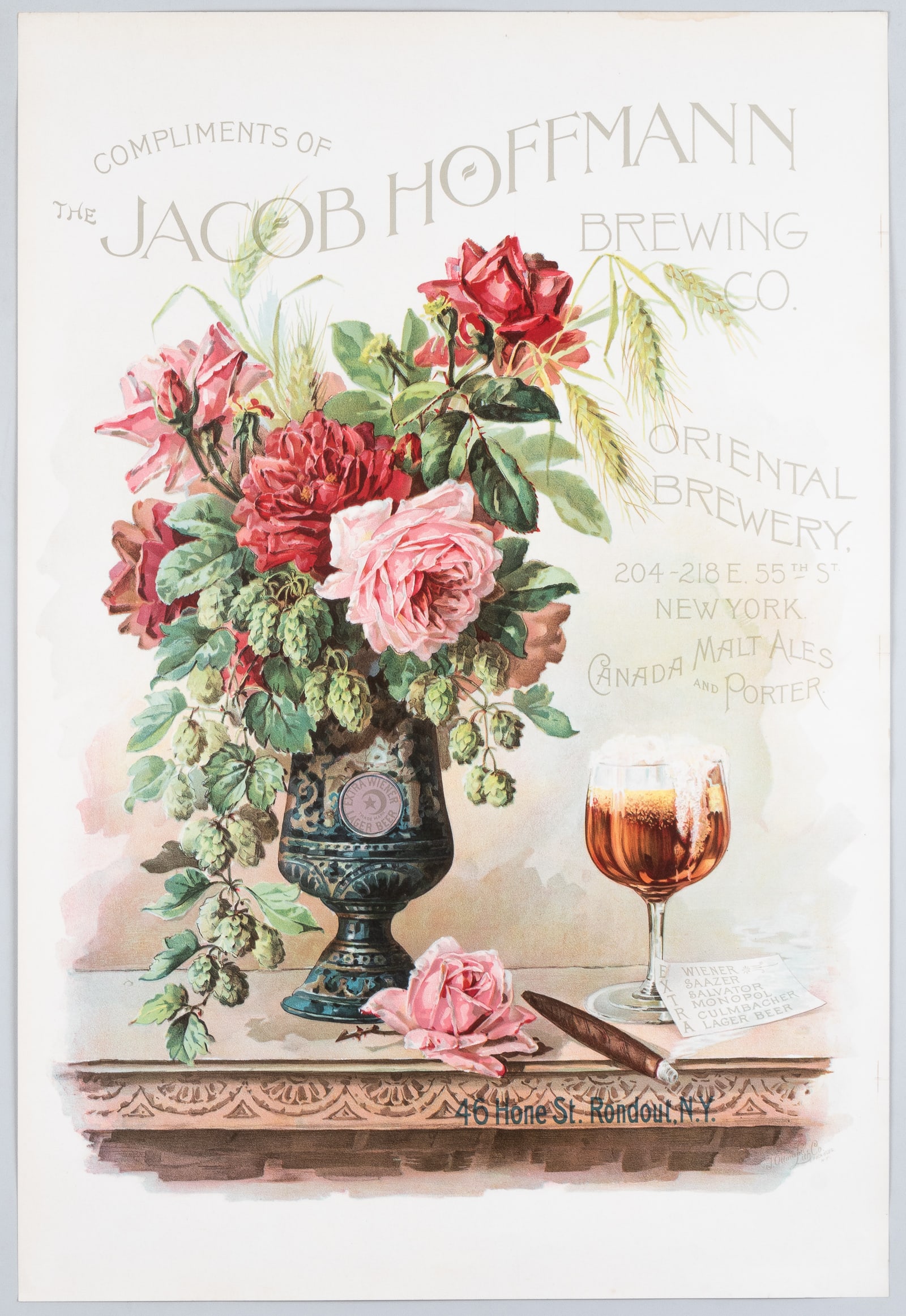 JACOB HOFFMAN BREWING CO. ADVERTISING CHROMOLITHOGRAPH POSTER: Original Jacob Hoffman Brewing Co. Victorian chromolithograph, printed ca. 1895. The Jacob Hoffmann Brewing Company operated from the Oriental Brewery at 204-218 East 55th Street in New York City. Pri