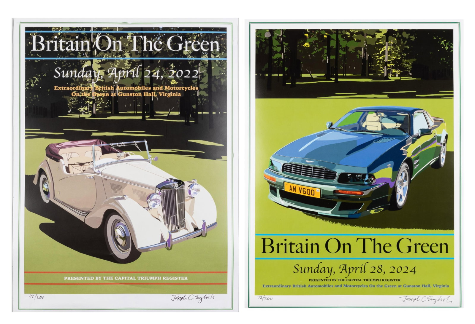 BRITAIN ON THE GREEN CLASSIC CARS ILLUSTRATIONS BY JOHN C. ENGLISH: Two limited-edition prints for the Britain on the Green classic cars show sponsored by the Capital Triumph Register, 2022 and 2024. Signed and numbered illustrations by Joseph C. English. Minor wear. 
