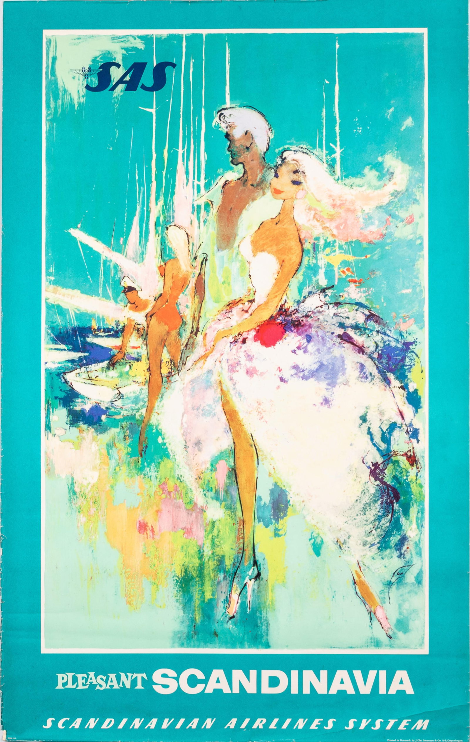 SAS SCANDINAVIAN AIRLINES TRAVEL POSTER BY OTTO NIELSEN: Vintage Scandinavian Airlines System travel poster, 'Pleasant Scandinavia,' artwork by Otto Nielsen (1916-2000), ca. 1960s. Chipping and creasing at the edges. 24.75 x 39.25 inches. Ships rolled.