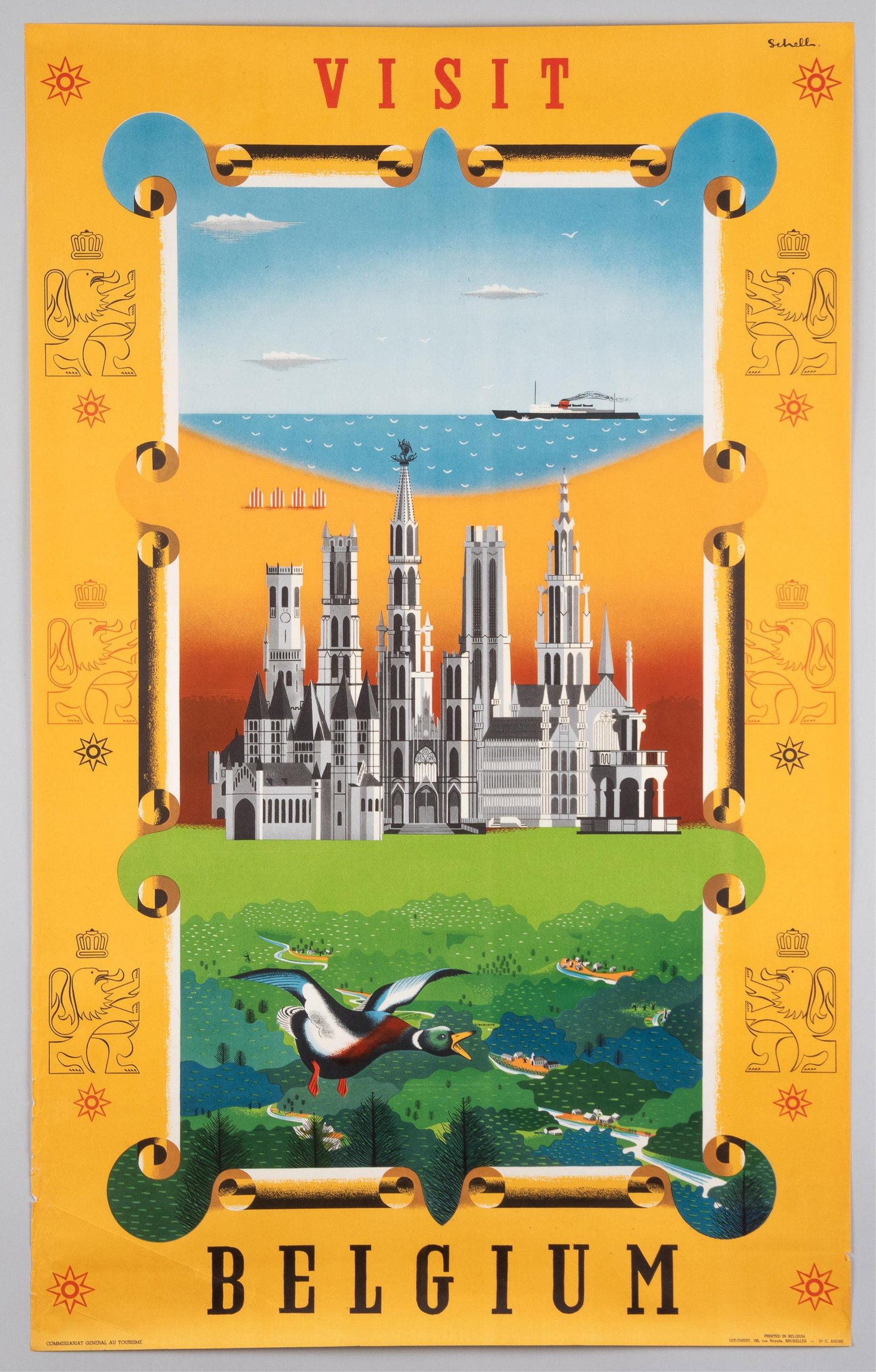 VISIT BELGIUM TRAVEL POSTER BY LOUIS SCHELL: 'Visit Belgium,' vintage travel poster, artwork by Louis Schell (1924-?), ca. 1951, from the General Tourism Commission, printed in Belgium. Minor chips and creases along the edges. Approx. 24 x 39 in