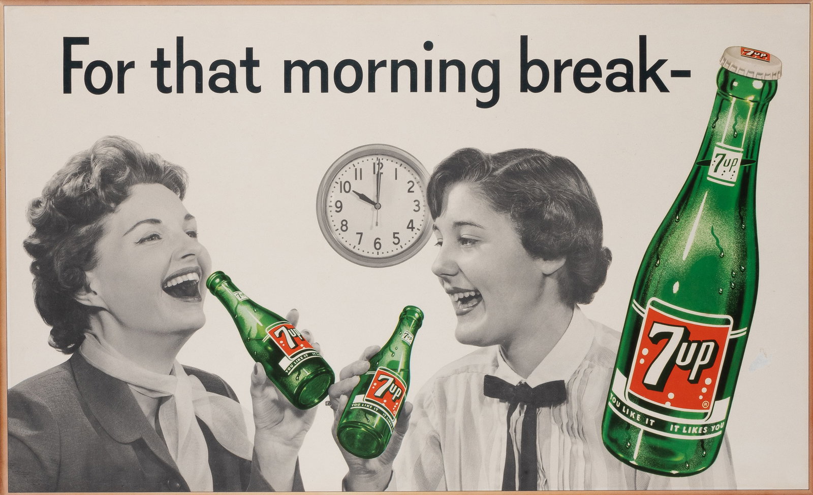 7UP FOR THAT MORNING BREAK 1955 CARDBOARD SIGN: Original 7up Atomic Age cardboard sign, 33.75 x 20.75 inches. The single-sided poster features an image of two women enjoying bottles of 7up, a clock in the background reads ten o'clock, with the slog
