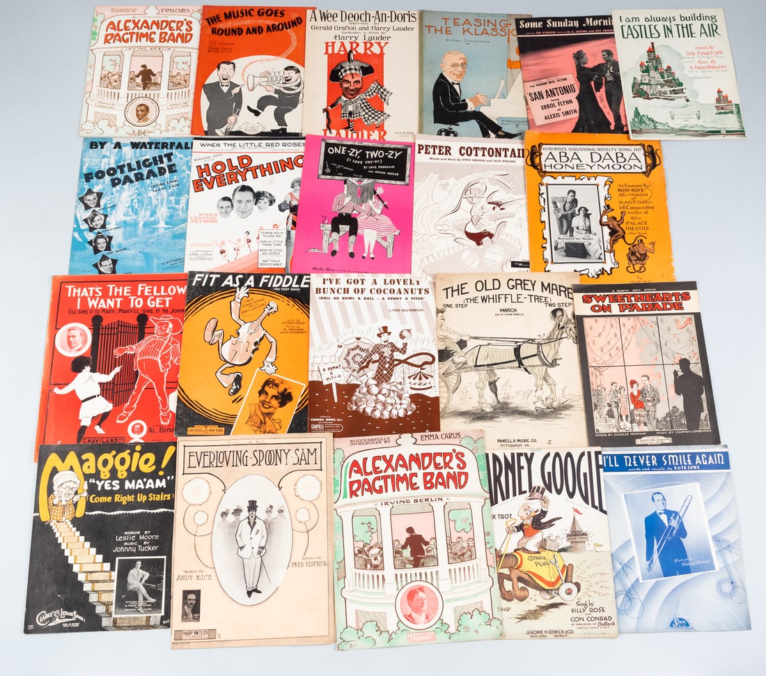 COLLECTION OF 20 VINTAGE MUSIC SHEETS.: A collection of twenty vintage music sheets. Includes Sweethearts on Parade, That?s The Fellow I Want To Get, ABA Daba Honeymoon, Peter Cottontail, One-zy, Two-zy, Hold Everything, By A Waterfall, Foo