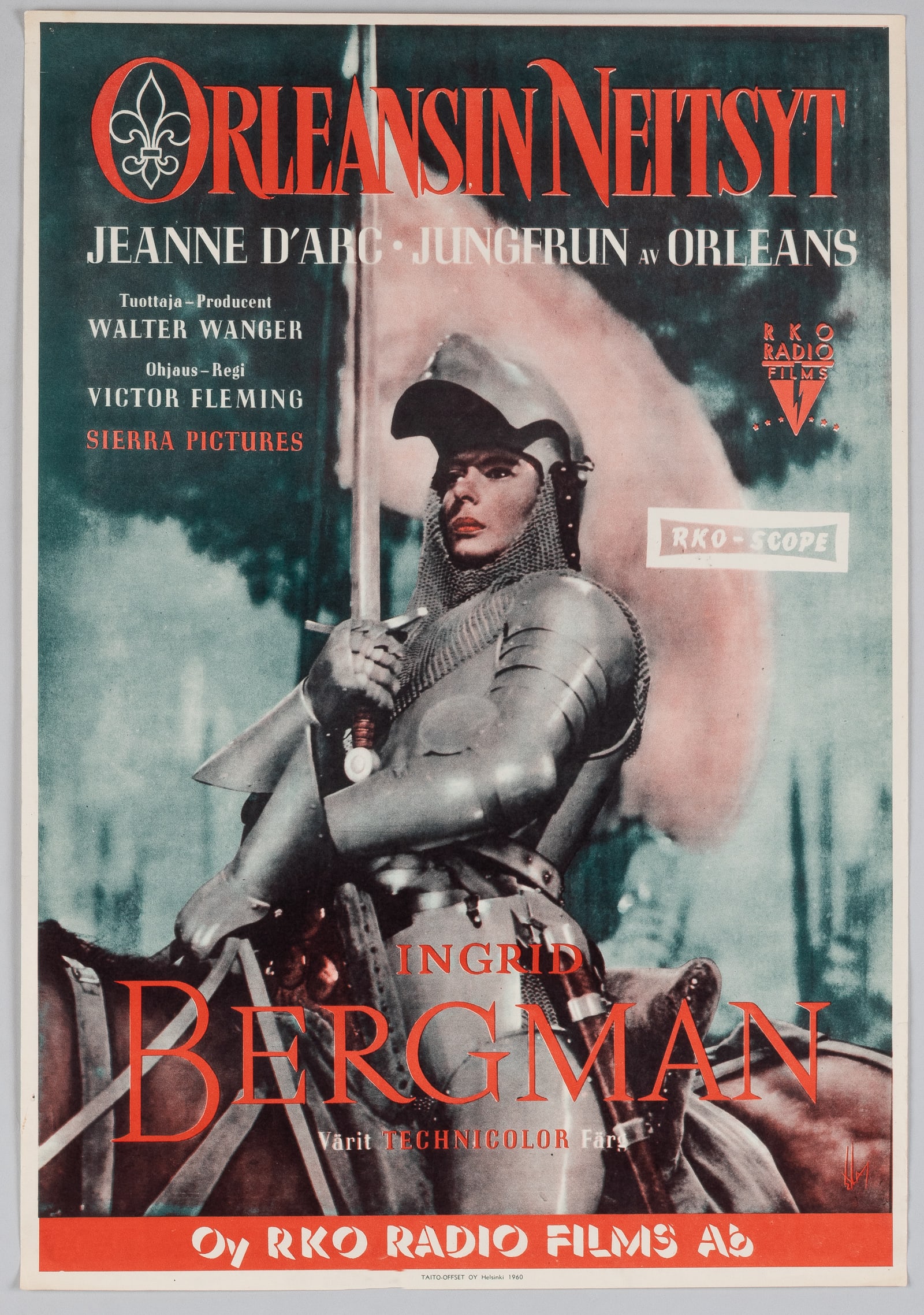 INGRID BERGMAN - JOAN OF ARC RKO RADIO FILMS MOVIE POSTER: Original RKO Radio Films Swedish-Finnish movie poster for the 1960 release of Joan of Arc - Orleansin Neitsyt - Junfrun Av Orleans, starring Ingrid Bergman as Joan of Arc. 16.5 x 23.25 inches. Very go