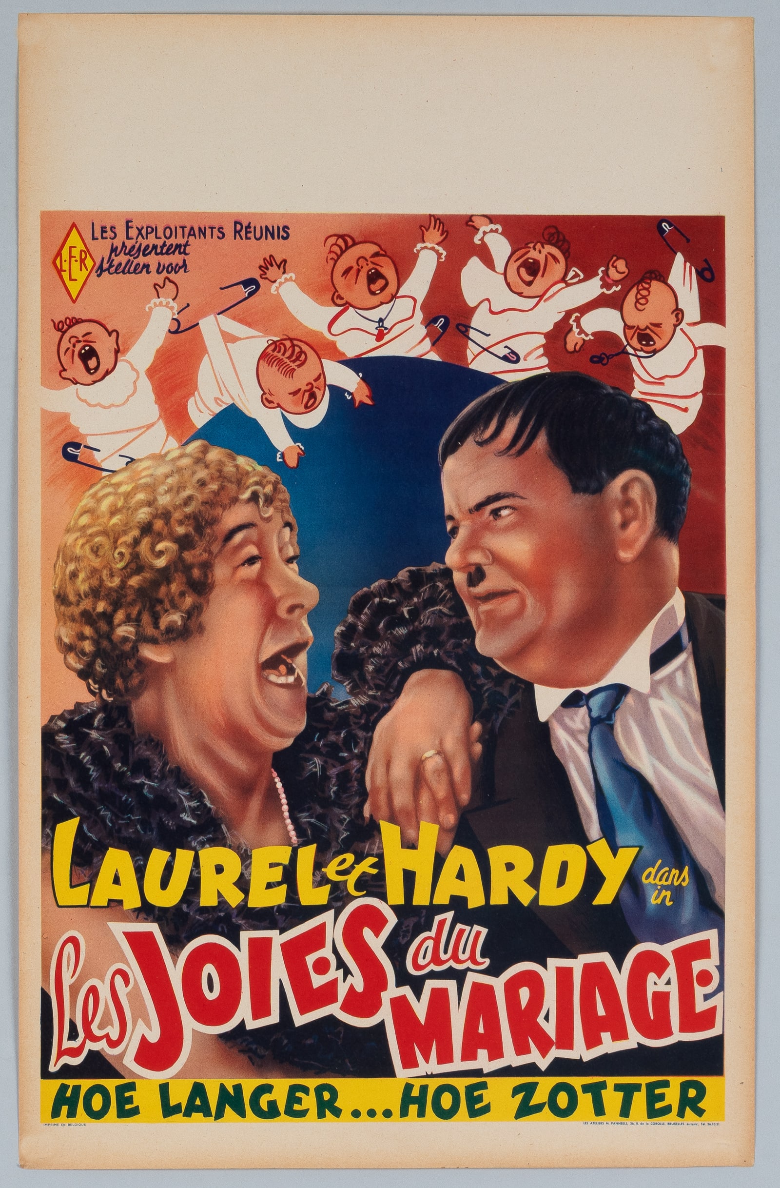 LAUREL AND HARDY LES JOIES DU MARIAGES - TWICE TWO MOVIE POSTER: Laurel and Hardy 1933 'Les Joies du Mariages' - 'Twice Two' - Original Belgian re-release movie poster, printed in Belgium. One fold, light sunning, 14.5 x 22.5 inches.