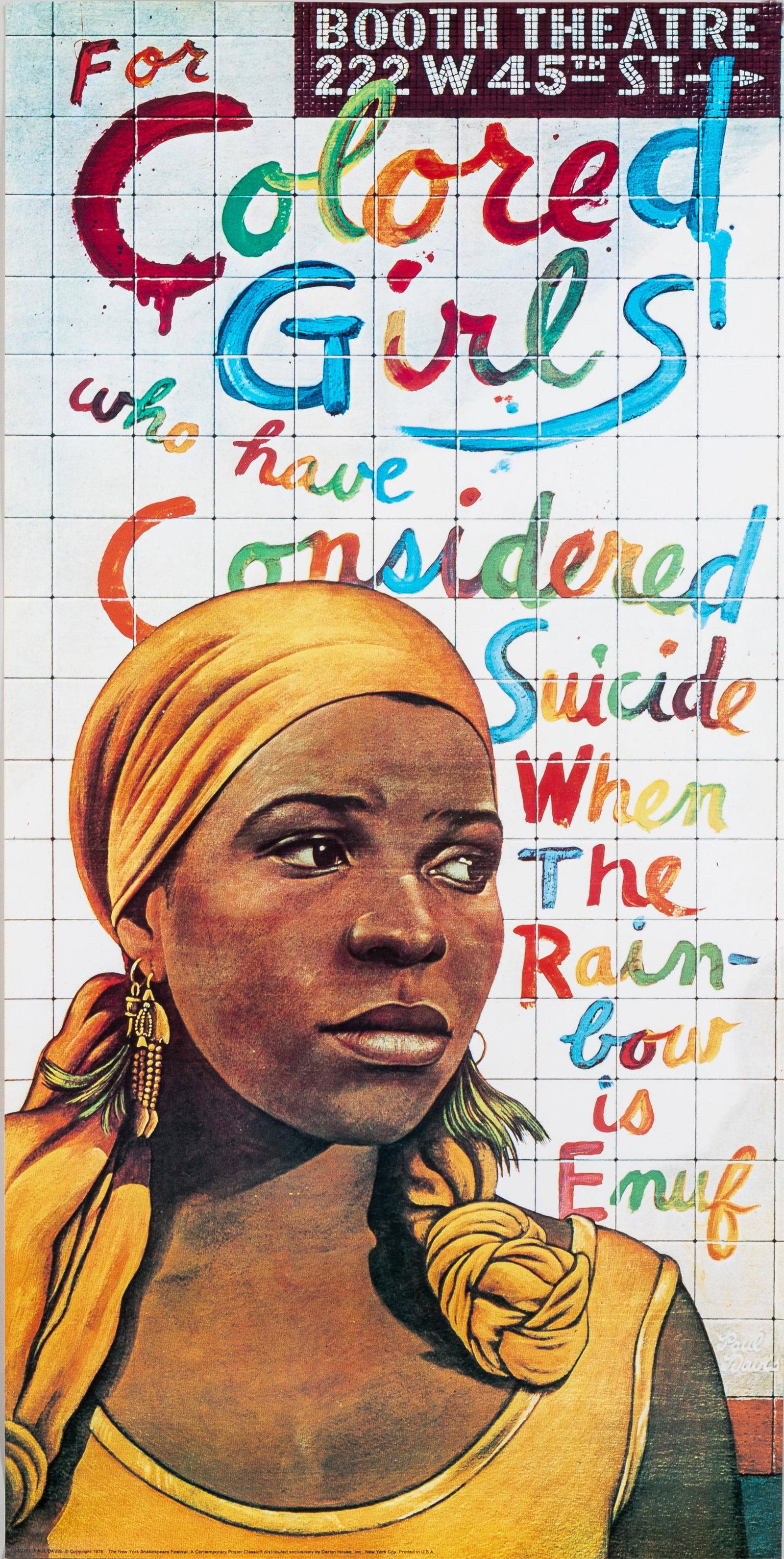 FOR COLORED GIRLS BY NTOZAKE SHANGE 1976 POSTER: 1976 vintage poster for the play 'For Colored Girls who have Considered Suicide When The Rainbow is Enuf,' written by Ntozake Shange. Artwork by Paul Davis (b. 1938), 1976 The New York Shakespeare Fes