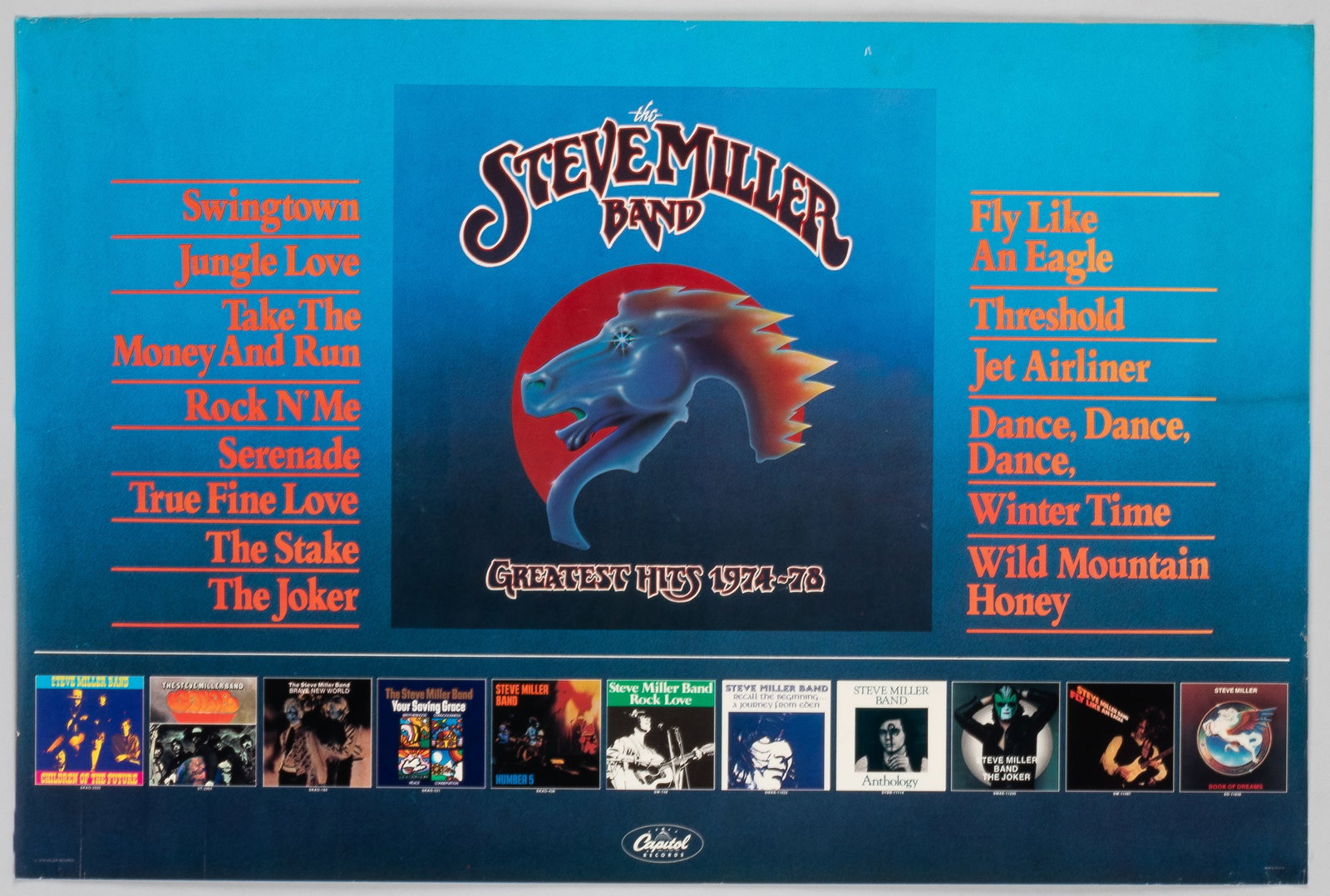 STEVEN MILLER BAND PROMOTIONAL POSTER: Steven Miller Band promotional poster for the Greatest Hits 1974-78 album. Minor creases. 20 x 30 inches. Ships rolled.