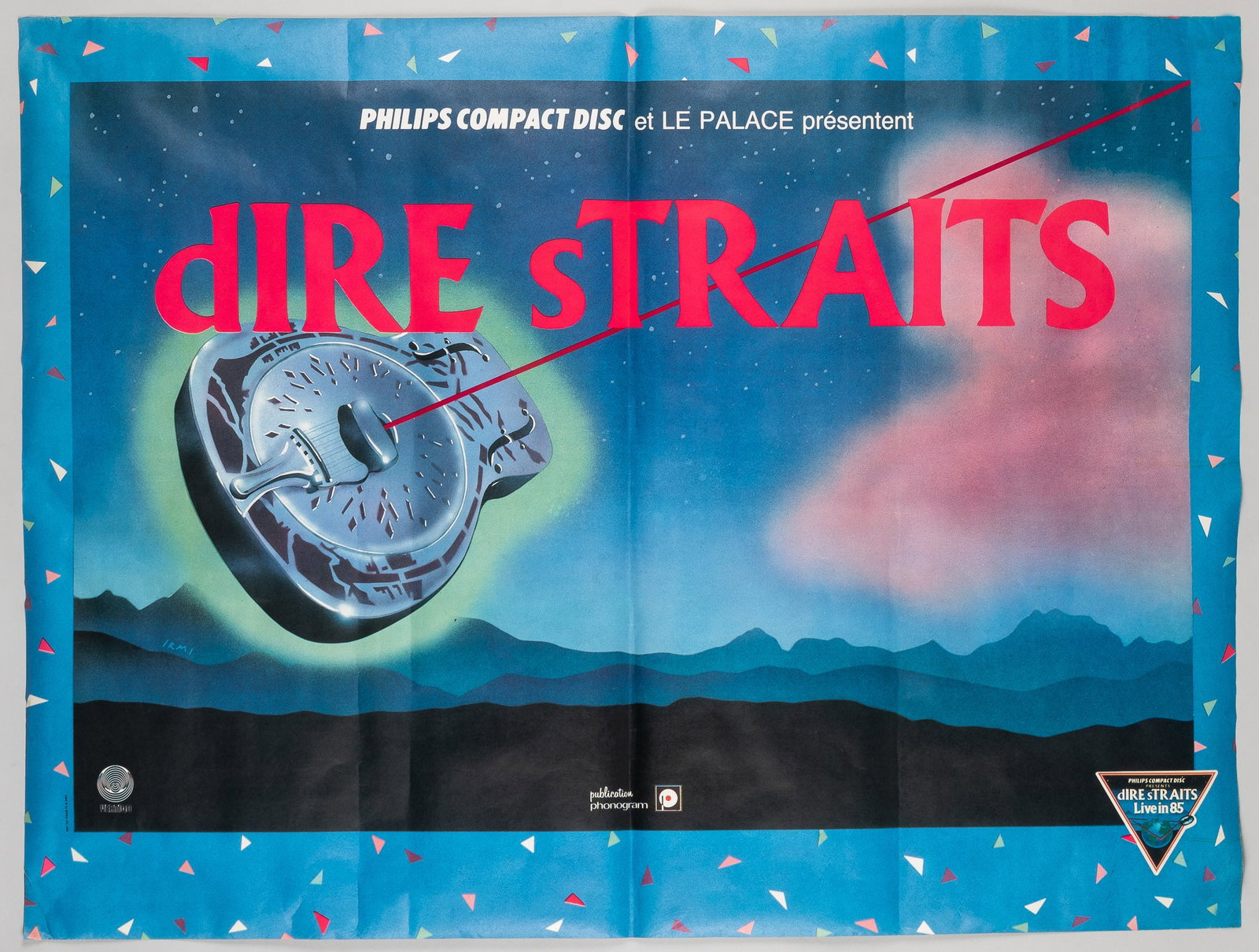DIRE STRAITS BROTHERS IN ARMS 1985 FRENCH PROMO POSTER: Dire Straits 1985 French promotional poster for the album Brothers in Arms. Folds, creases, and a small tear. 46 x 35 inches. Ships rolled.