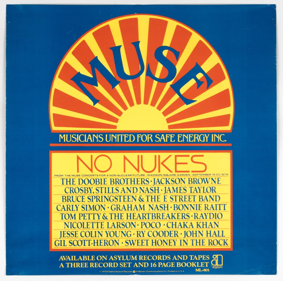 1979 NO NUKES MUSE CONCERT ALBUM PROMO POSTER: 1979 No Nukes: The Muse Concerts For a Non-Nuclear Future Madison Square, New York City, album promotional poster. The concert featured a long list of prominent musicians. Jackson Browne, Graham