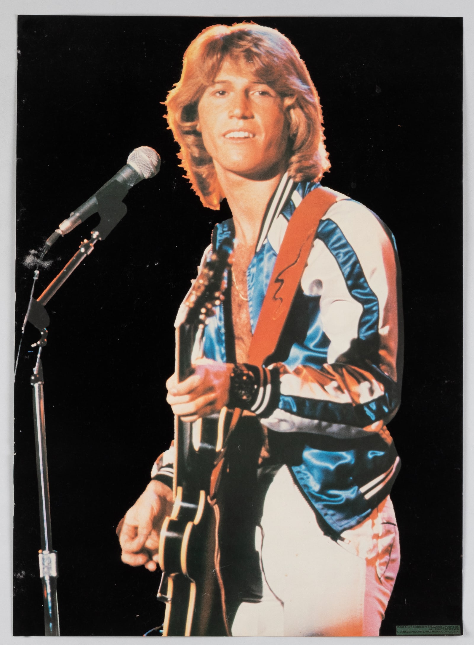 ANDY GIBB BEE GEES 1978 POSTER: Andy Gibb [Bee Gees] original 1978 black velvet poster by Pro Arts, Ohio. 28 x 20 inches. Printed on black velvet. Ships rolled.