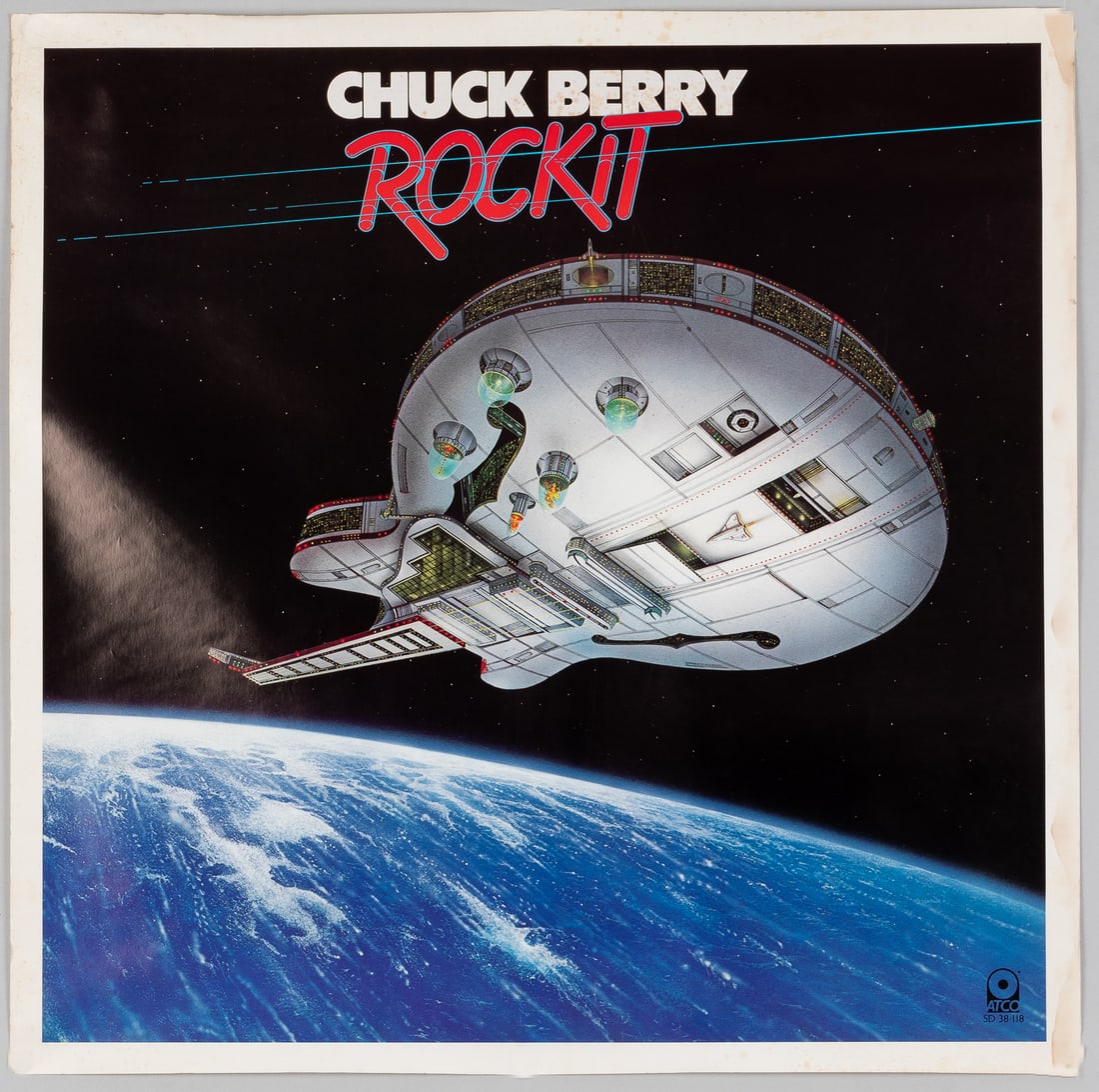 CHUCK BERRY ROCK IT RECORD STORE PROMO POSTER: Chuck Berry Rock It 1979 original record store promotional poster. Foxing and minor crease at the margins. Ships rolled. 24 x 24 inches.