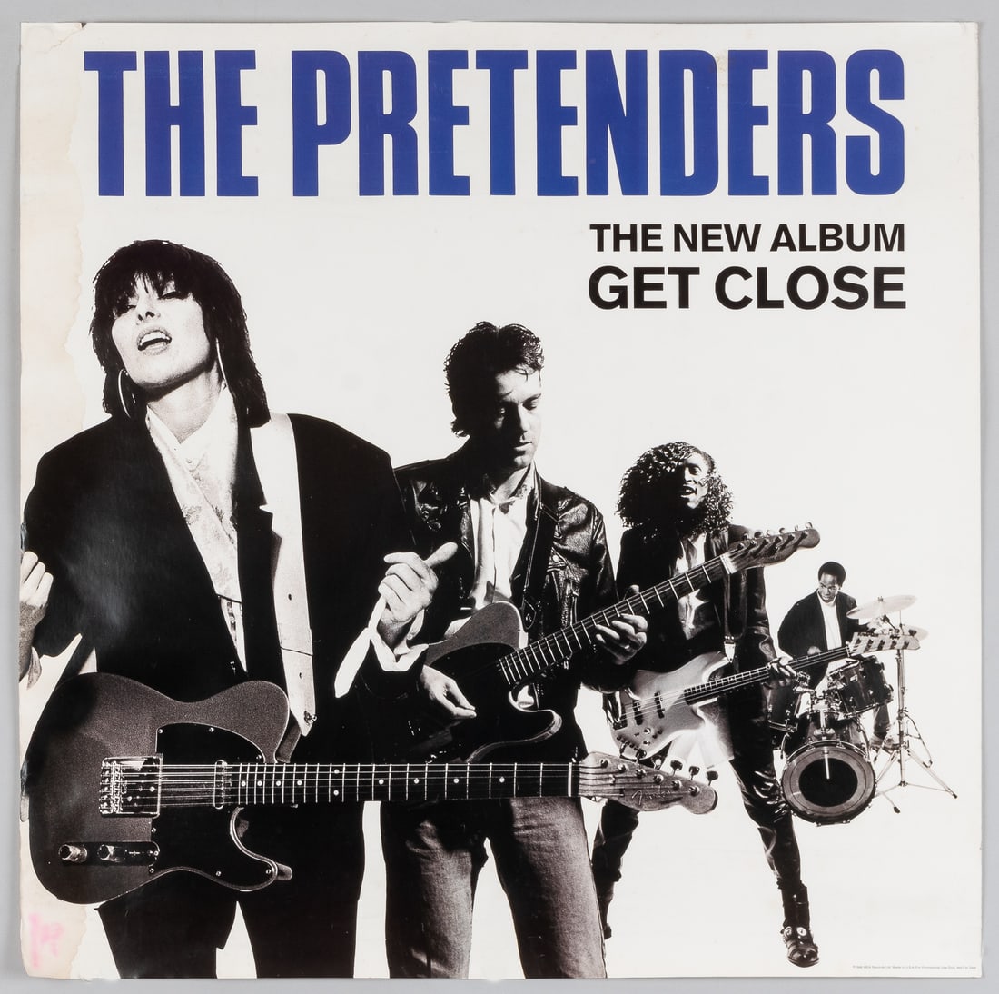 THE PRETENDERS GET CLOSE 1986 PROMO POSTER: Original 1986 promotional poster for the album Get Close by The Pretenders, featuring Chrissie Hynde. Dampness stains along the left side, edge creases and a small tear. 24 x 24 inches.