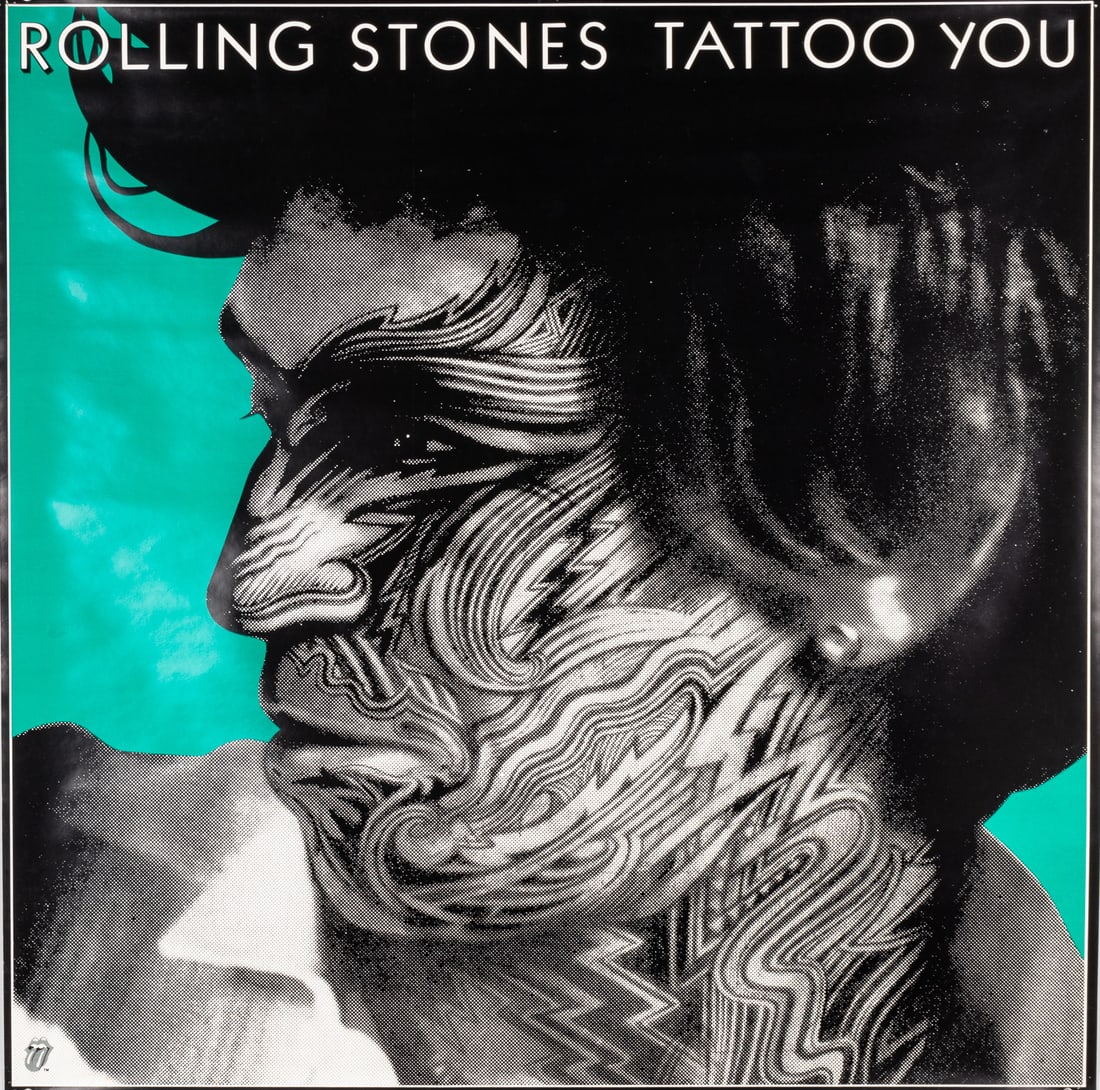 1980 ROLLING STONES TATTOO YOU ALBUM POSTER: The original 1980s poster featuring the ?Rolling Stones Tattoo You?, their 16th album, was a massive hit and showcases bold imagery. It has minor creases and pinholes at the four corners. 36 x 36 inch