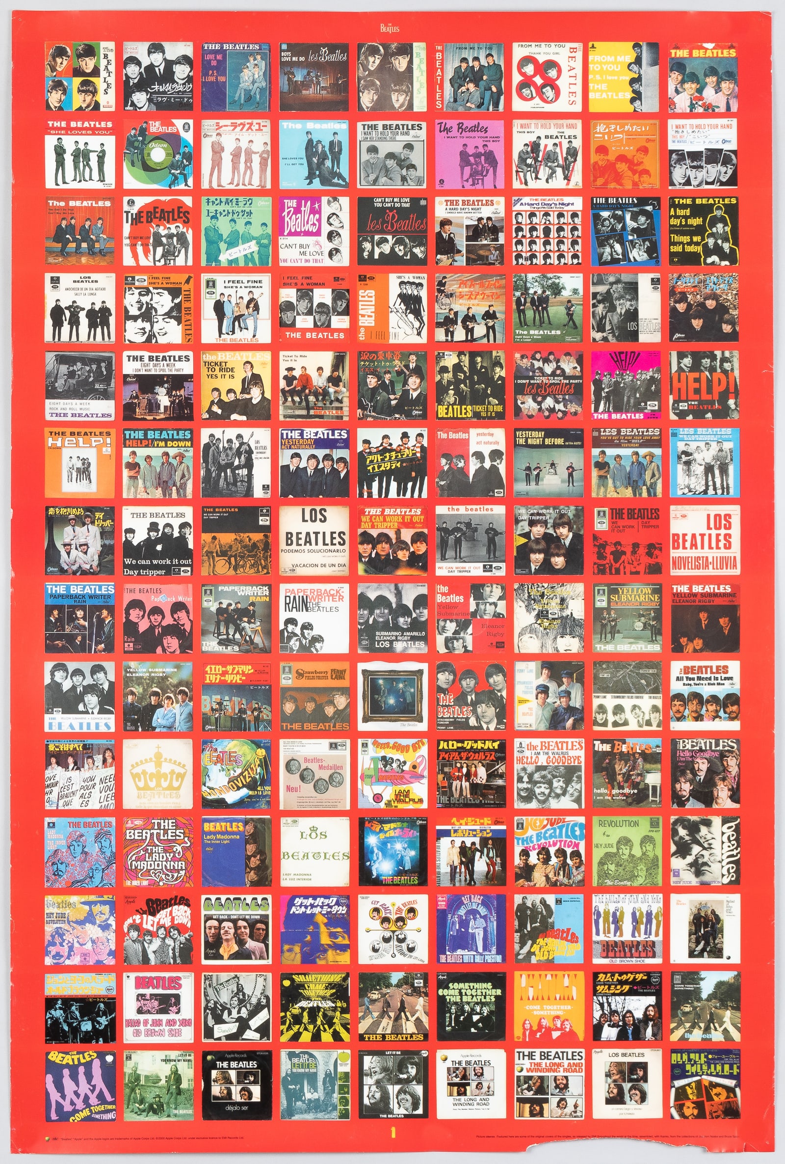 THE BEATLES COVERS COLLAGE POSTER: The Beatles poster, collage of 126 international 45s single cover designs. Apple, 2000. Loss on the bottom edge, creases, pinholes. Ships rolled. 36 x 24 inches.