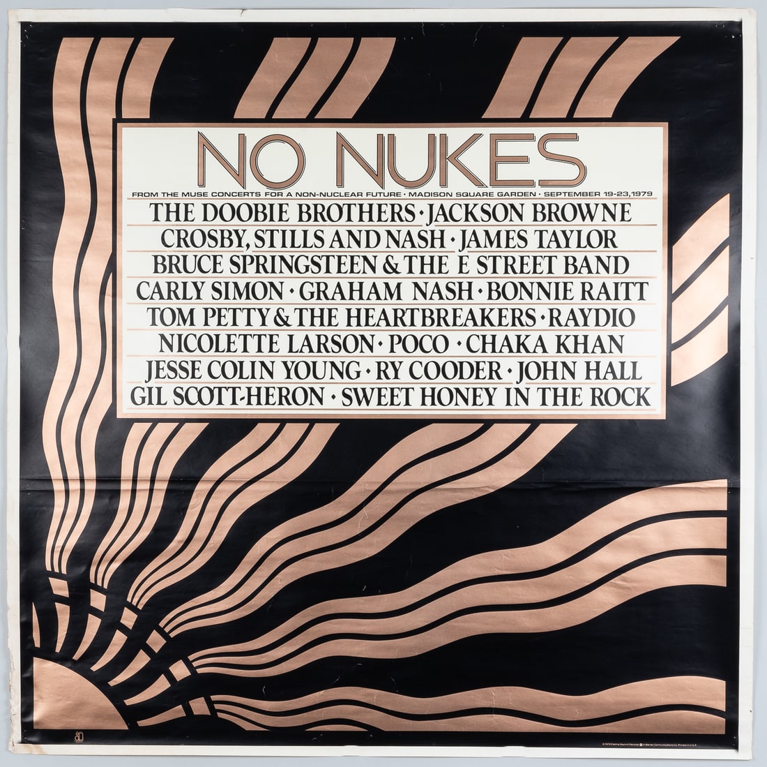 1979 NO NUKES MUSE CONCERT MSG POSTER: 1979 No Nukes: The Muse Concerts For a Non-Nuclear Future Madison Square, New York City, live album promo poster. The concert featured a long list of prominent musicians. Jackson Browne, Graham Nash, 