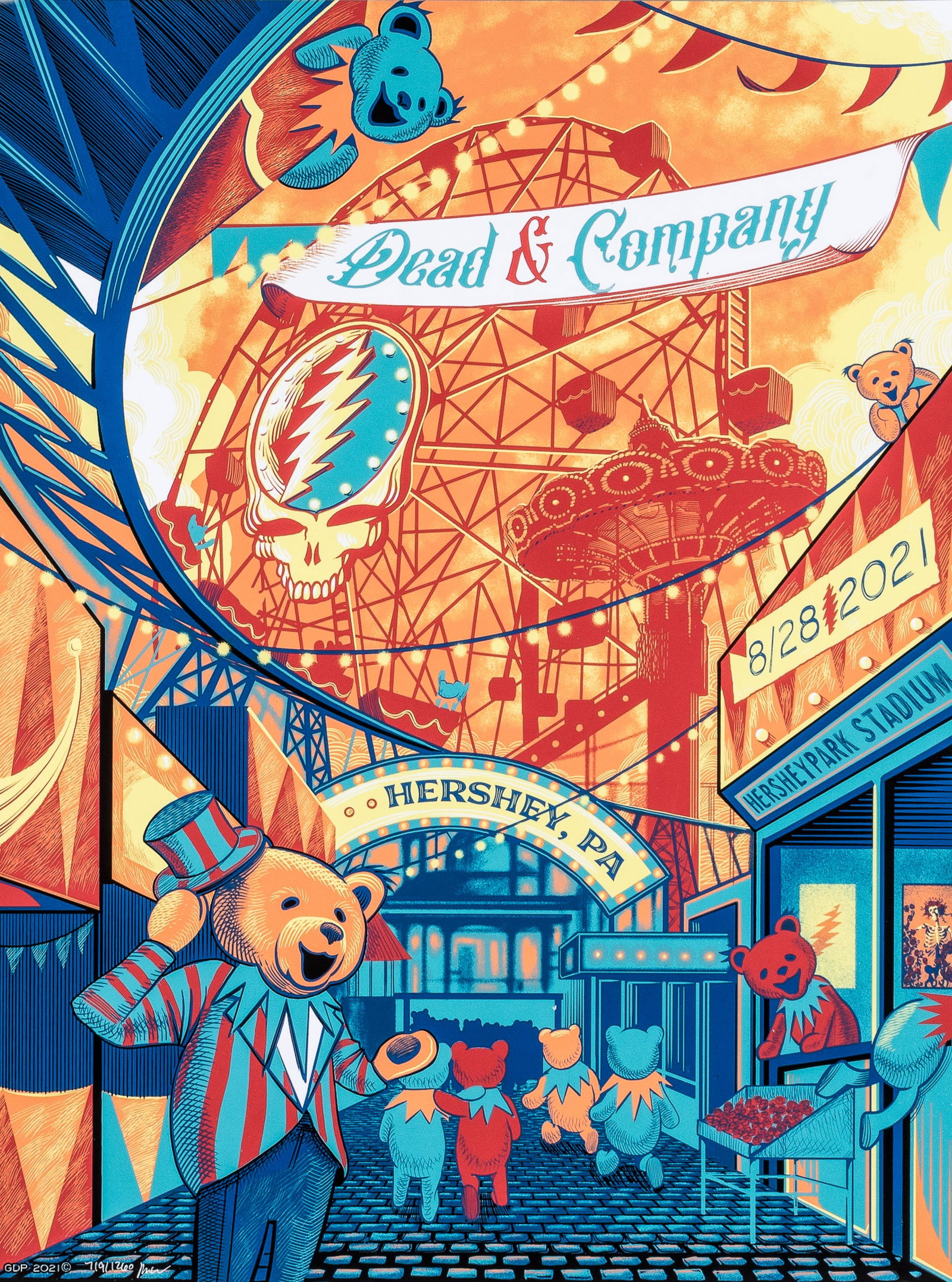 DEAD AND COMPANY GD CONCERT POSTER 2018 CAMDEN NJ BY PAUL KREIZENBECK: Original Dead & Company 2021 limited edition screenprint concert poster, 8/28/2021, Hershey, Pennsylvania. Signed and numbered edition 719/1260 by artist Paul Kreizenbeck. Printed on heavy paper, 18 x