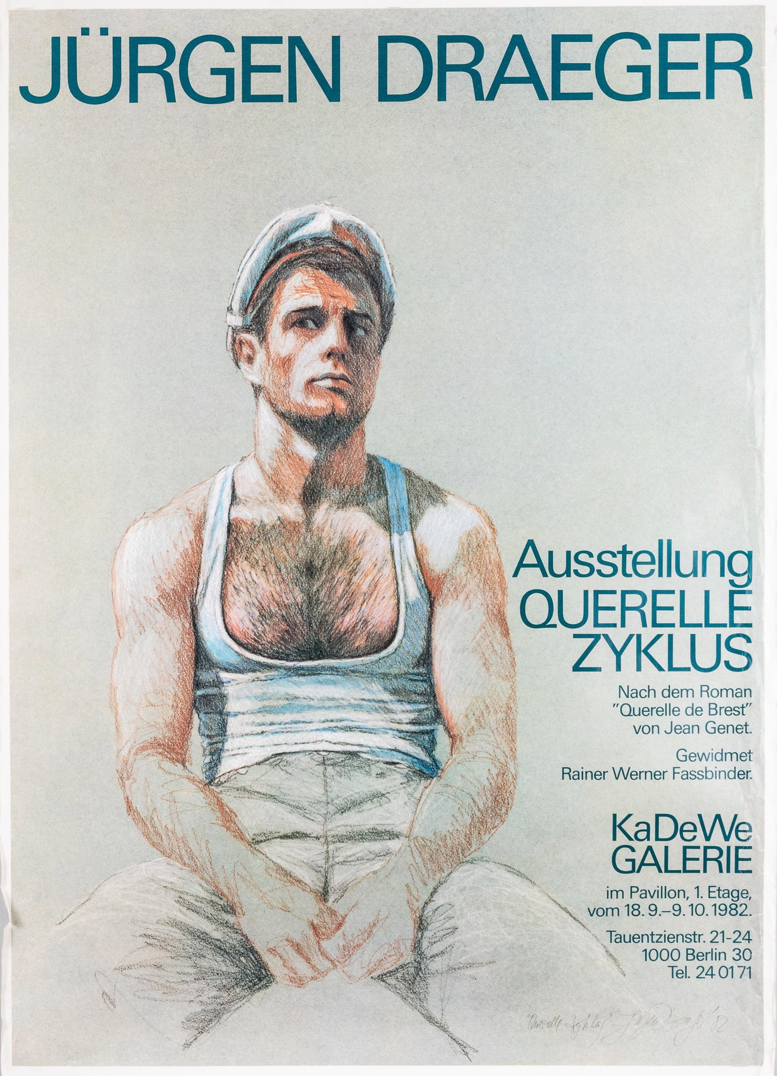 QUERELLE JURGEN DRAEGER POSTER: QUERELLE Zyklus, Berlin, Germany, 1982 art exhibition of artworks by Juergen Draeger (1940 - 2020) German actor, singer, and painter. Artworks based on the novel 'Querelle de Brest' by Jean Genet and 
