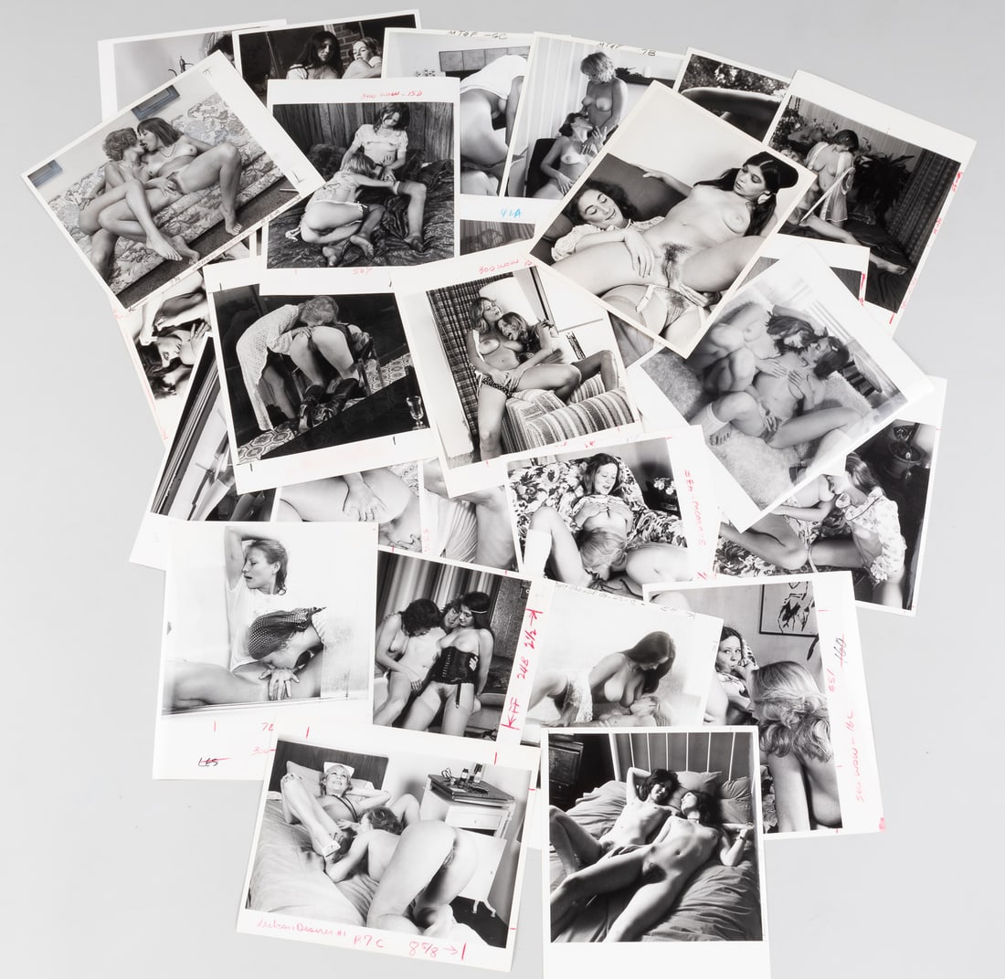 28 EROTIC NUDE LESBIAN WOMAN ON WOMAN PHOTOGRAPHS: Collection of 28 original explicit woman-on-woman 8 x 10-inch glossy b/w photographs, adult x-rated nudes, 1970s vintage prints. Photographs were used for magazines and may have crop marks in grease p