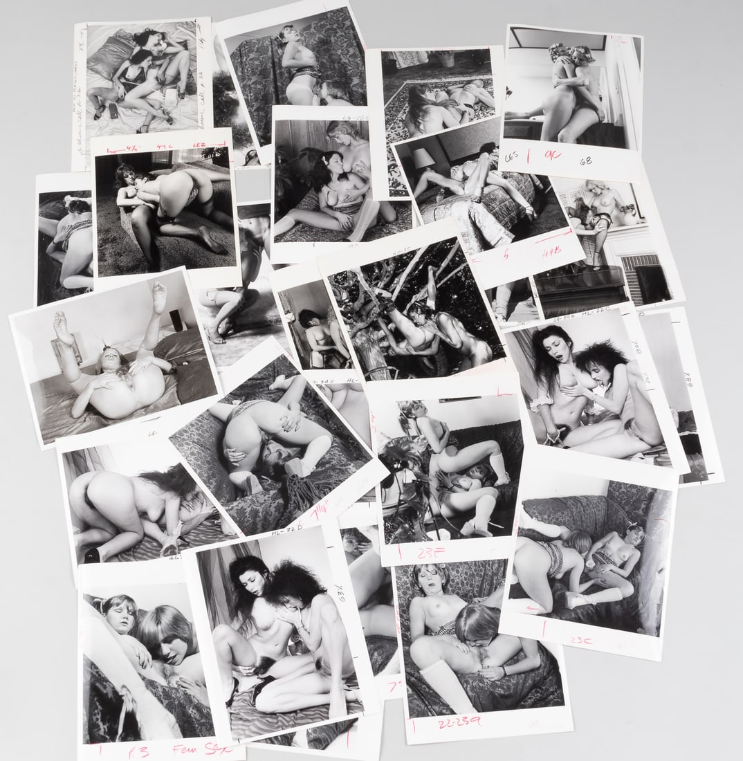 28 EROTIC NUDE LESBIAN WOMAN ON WOMAN PHOTOGRAPHS: Collection of 28 original explicit woman-on-woman 8 x 10-inch glossy b/w photographs, adult x-rated nudes, 1970s vintage prints. Photographs were used for magazines and may have crop marks in grease p