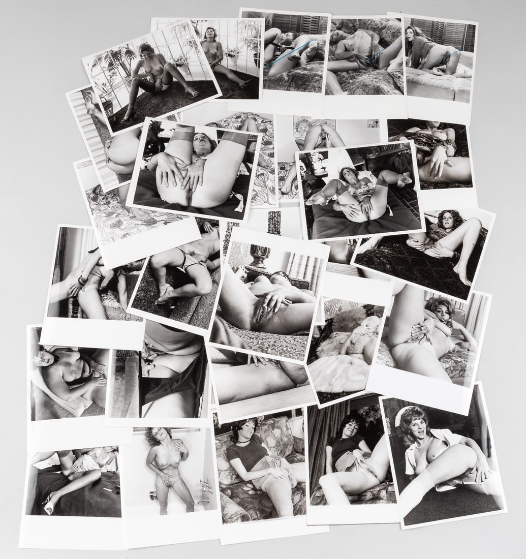 28 EROTIC FEMALE NUDE PHOTOGRAPHS: Selection of 28 original explicit X-rated female nudes, 8 x 10-inch glossy b/w photographs, original 1970s-vintage prints. Photographs were used for magazines and may have crop marks in grease pencil;