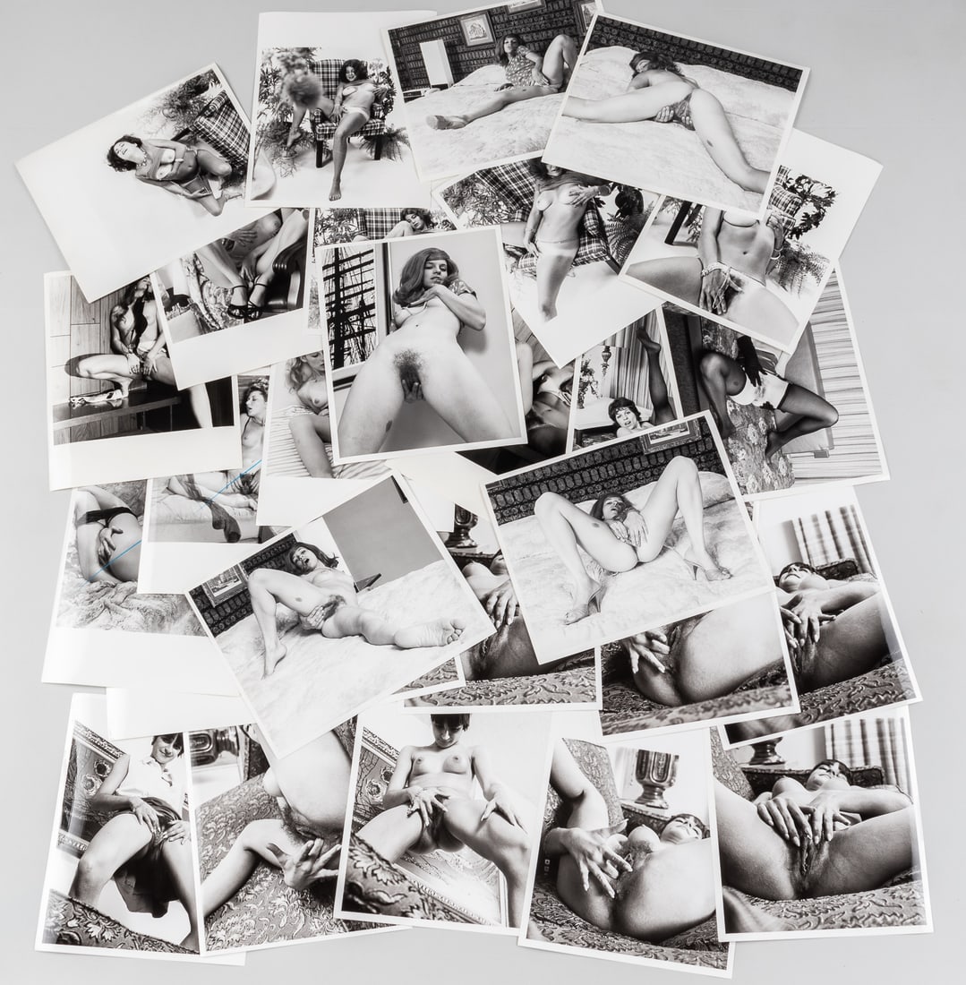 28 EROTIC FEMALE NUDE PHOTOGRAPHS: Selection of 28 original explicit X-rated female nudes, 8 x 10-inch glossy b/w photographs, original 1970s-vintage prints. Photographs were used for magazines; most of them are out of print. Photos