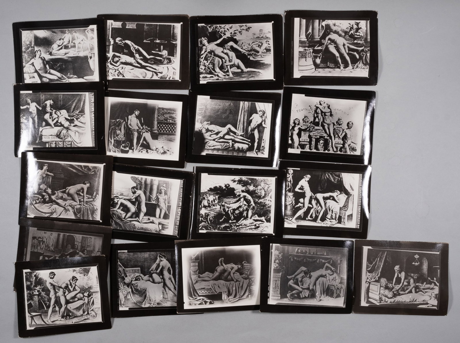 19 EROTICA ANTIQUE ART PHOTOGRAPHS: 19 erotic ancient art photographs, b/w contact prints, bumped edges, else good. 4 x 5 inches each.