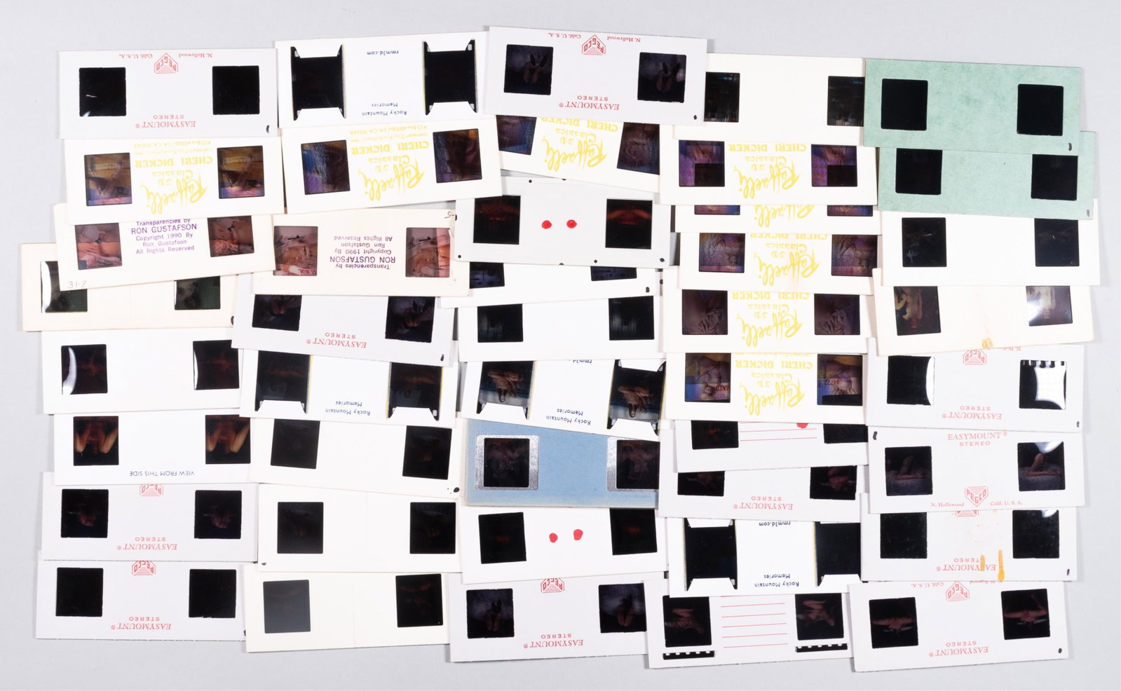 43 3D VINTAGE EROTIC NUDES COLOR STEREO SLIDES: 43 3D vintage explicit x-rated nude color stereo slides, early 1990s. Eight of 'Cheri Dicker' by Ron Raffaelli.