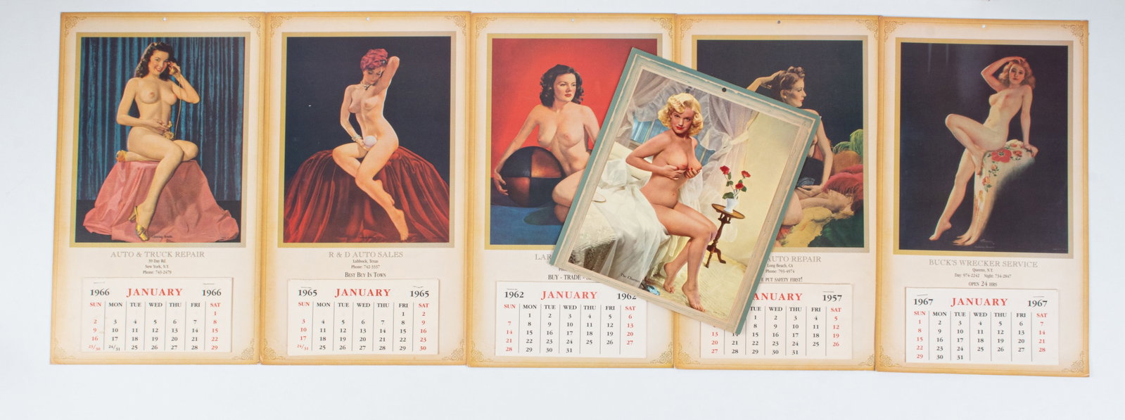 5 PIN-UP GIRL CALENDARS 1960S: Five 1960s pin-up girl calendars from 1957, 1962, 1965, 1966, and 1967. Each calendar is 10 x 17 With one pin-up print. Six pieces total.