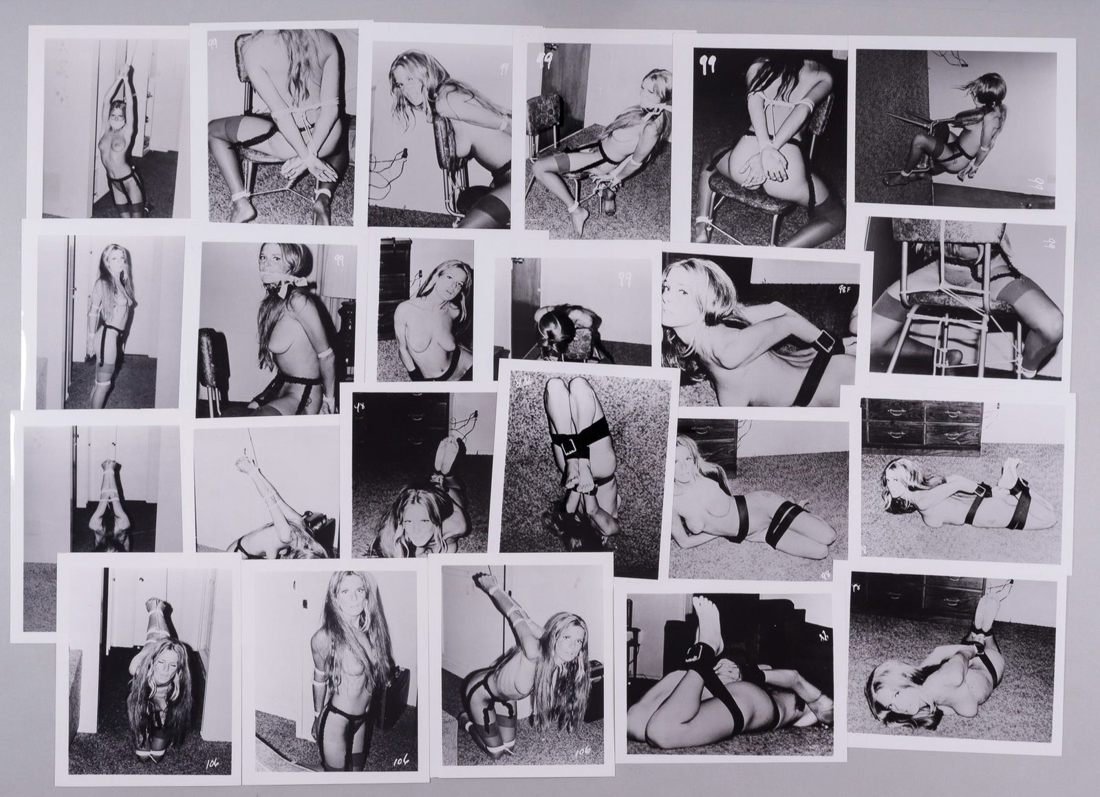 23 VINTAGE BONDAGE EROTICA PHOTOS: Twenty-three vintage black and white bondage erotica photos, ca. 1970s, 4 x 5 inches.