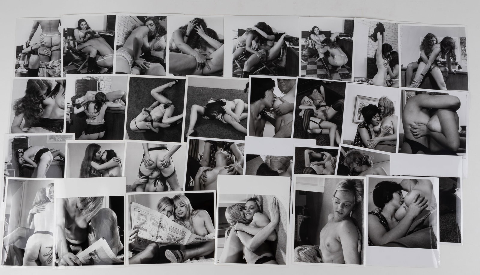 30 VINTAGE ADULT EROTIC LESBIAN PHOTOGRAPHS: Thirty vintage b/w adult lesbian erotic photographs, all from professional scenes, likely intended for magazine publishing, all with performer names on the reverse, 8 x 10 inches each.