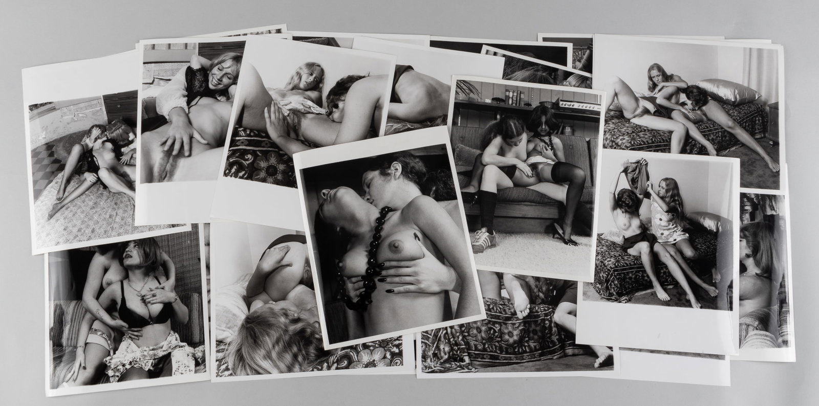 30 VINTAGE ADULT EROTIC LESBIAN PHOTOGRAPHS: Thirty vintage b/w adult lesbian erotic photographs, all from professional scenes, likely intended for magazine publishing, all with performer names on the reverse, 8 x 10 inches each.