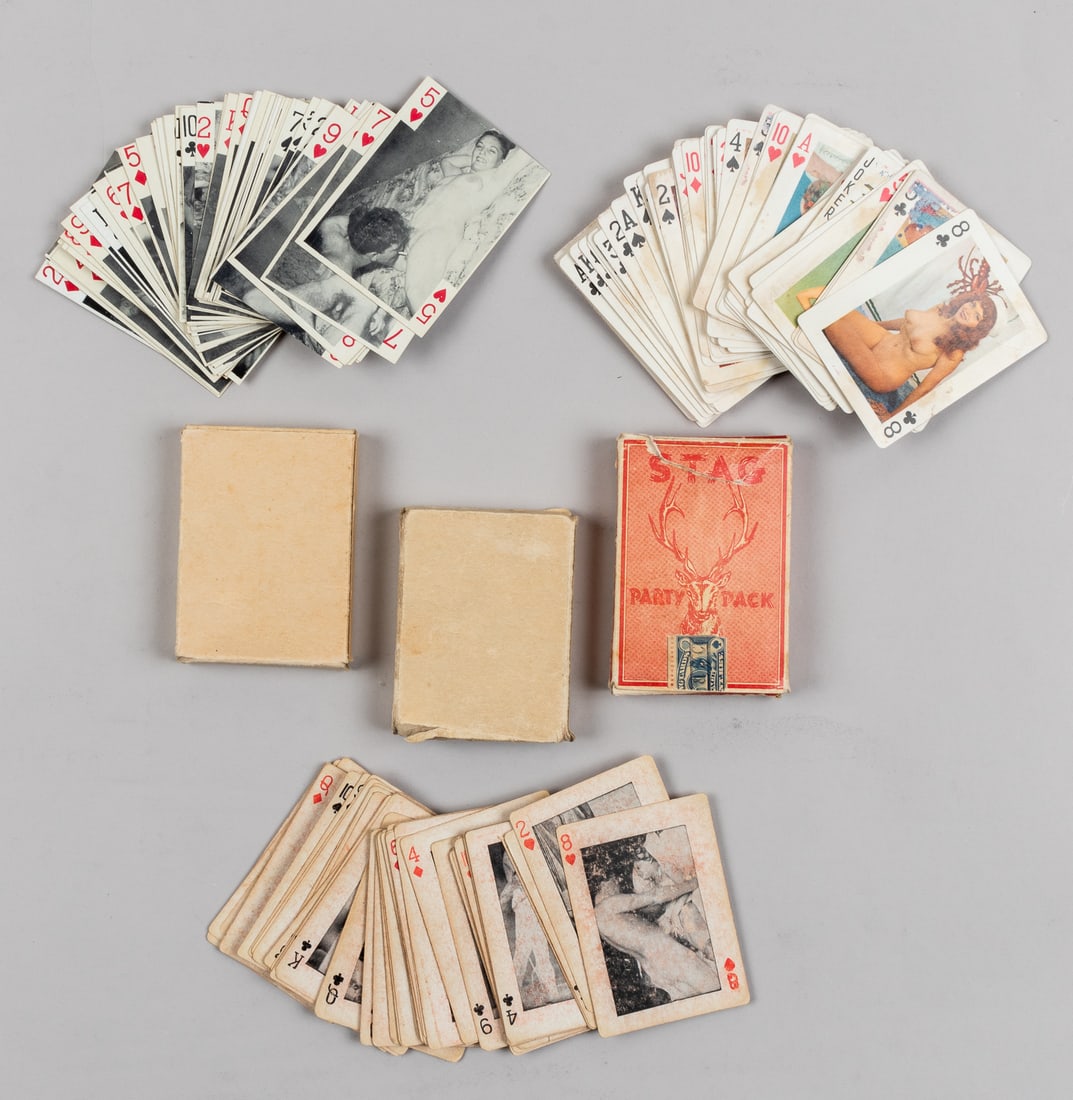 3 VINTAGE ADULT NUDE PLAYING CARD DECKS: Three sets of vintage nude card decks, two sets from the 1940s, and a set from the 1950s. In total, there are 156 cards.