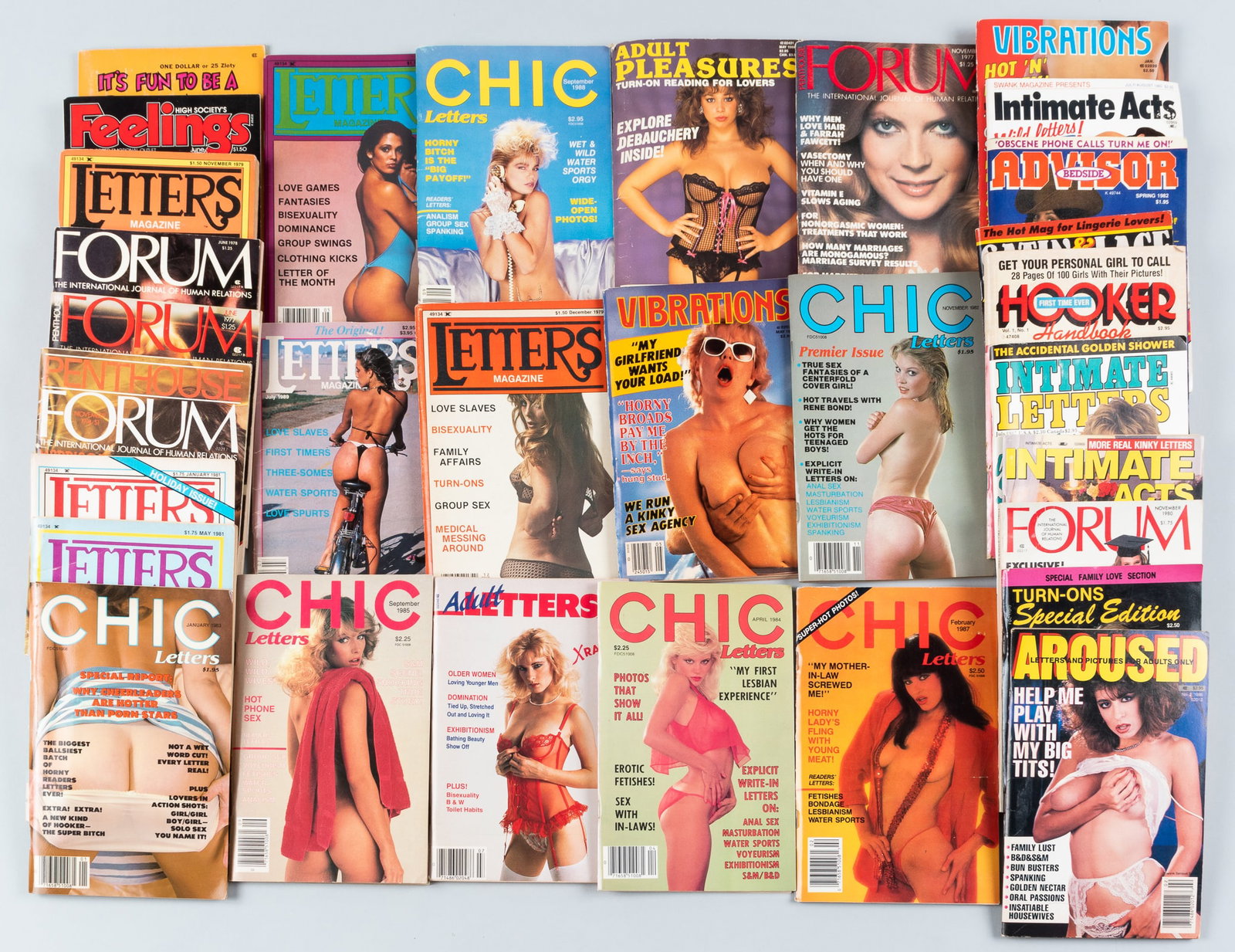 30 VINTAGE ADULT EROTICA MAGAZINES: Collection of 30 vintage adult erotica magazines, 1970s to 1980s, digest size. Approximately 11 lbs.