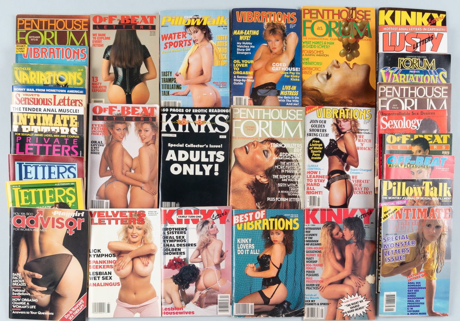 30 VINTAGE ADULT EROTICA MAGAZINES: Collection of 30 vintage adult erotica magazines, 1980s, digest size. Approximately 11 lbs.