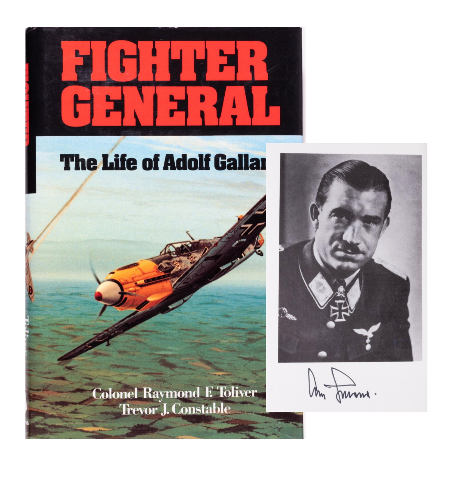 ADOLF GALLAND FIGHTER GENERAL SIGNED: Adolf Galland (1912-1996) was a German WWII Luftwaffe general, fighter ace, and Knight's Cross recipient. Galland is credited with 104 aerial victories. Galland signed in black marker below his photo