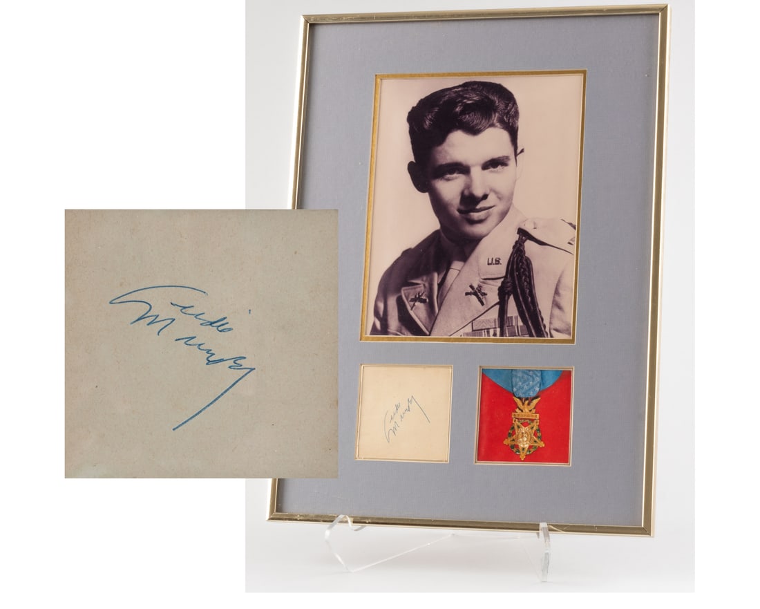 AUDIE MURPHY: Audie Murphy (1924-1971), the most decorated American combat soldier of WWII and Medal of Honor recipient. Framed signature in blue ink on paper, 3.5 x 3.5 inches, matted with an 8 x 10-inch