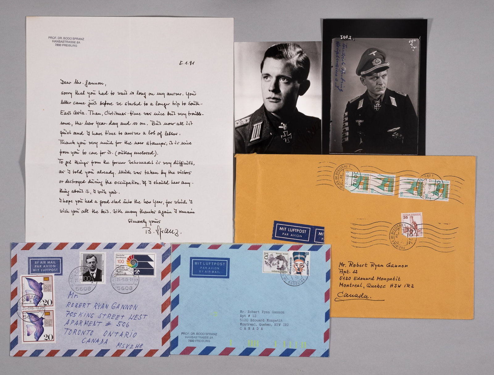 FRIEDRICH ANDING - BODO SPRANZ: Two signed photos from WWII German Cross in Gold recipients, including one from FRIEDRICH ANDING (1915-1996), notable for his many combat badges, and 18 Tank Destruction Badges, b/w photo of Anding
