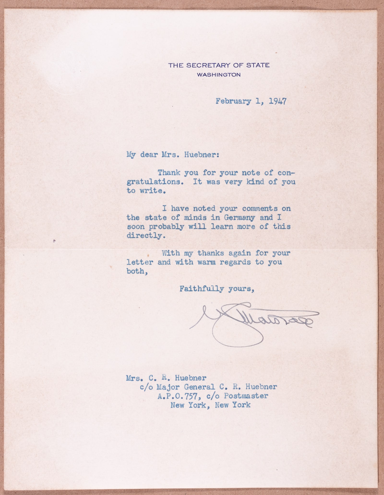 GEORGE C. MARSHALL: George C. Marshall (1880-1959), General of the Army, Secretary of State under Truman, and creator of the Marshall Plan, the European economic self-help concept that bore his name. T.L.S. as Secretary