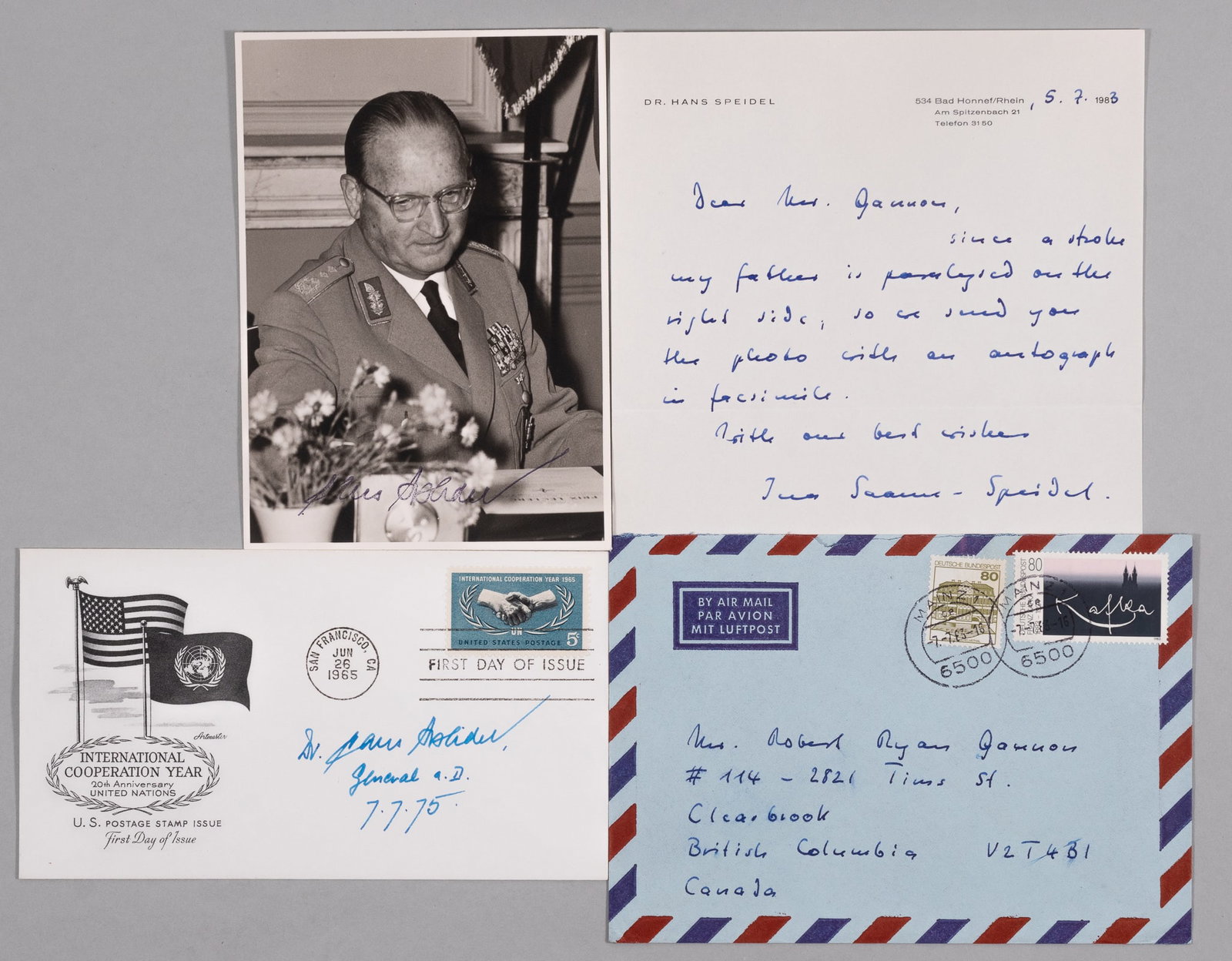HANS SPEIDEL: (1897-1984) was a German general and participated in the 20 July Plot to assassinate Adolf Hitler. He was the only member of the plot to survive the war. Ephemera includes a post-war photo of Speidel