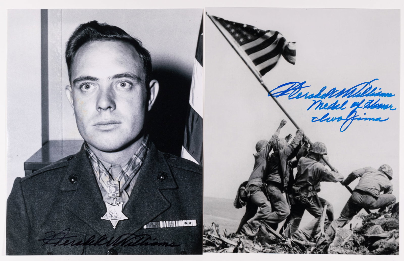 2 HERSHEL WILLIAMS MOH IWO JIMA AUTOGRAPHED 8x10 PHOTOS: (1923-2022) United States Marine Corps Reserve warrant officer who was awarded the Medal of Honor for his actions during the Battle of Iwo Jima. These actions occurred on the same day that two flags