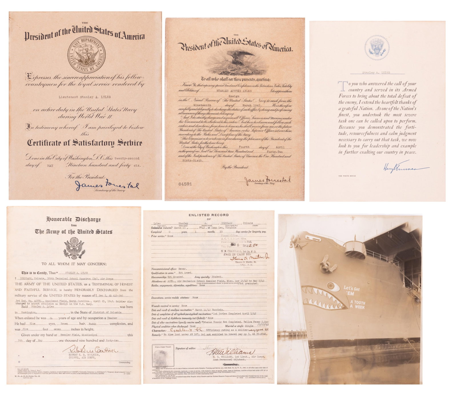 JAMES FORRESTAL - NAVAL ENSIGN APPOINTMENT AND DISCHARGE CERTIFICATES: Certificates of service from a WWII Naval Ensign, Stanley Aubrey Lyles, including his Honorable Discharge sheet, honorably discharging Lyles from service in the Air Corps so he may join the Navy,
