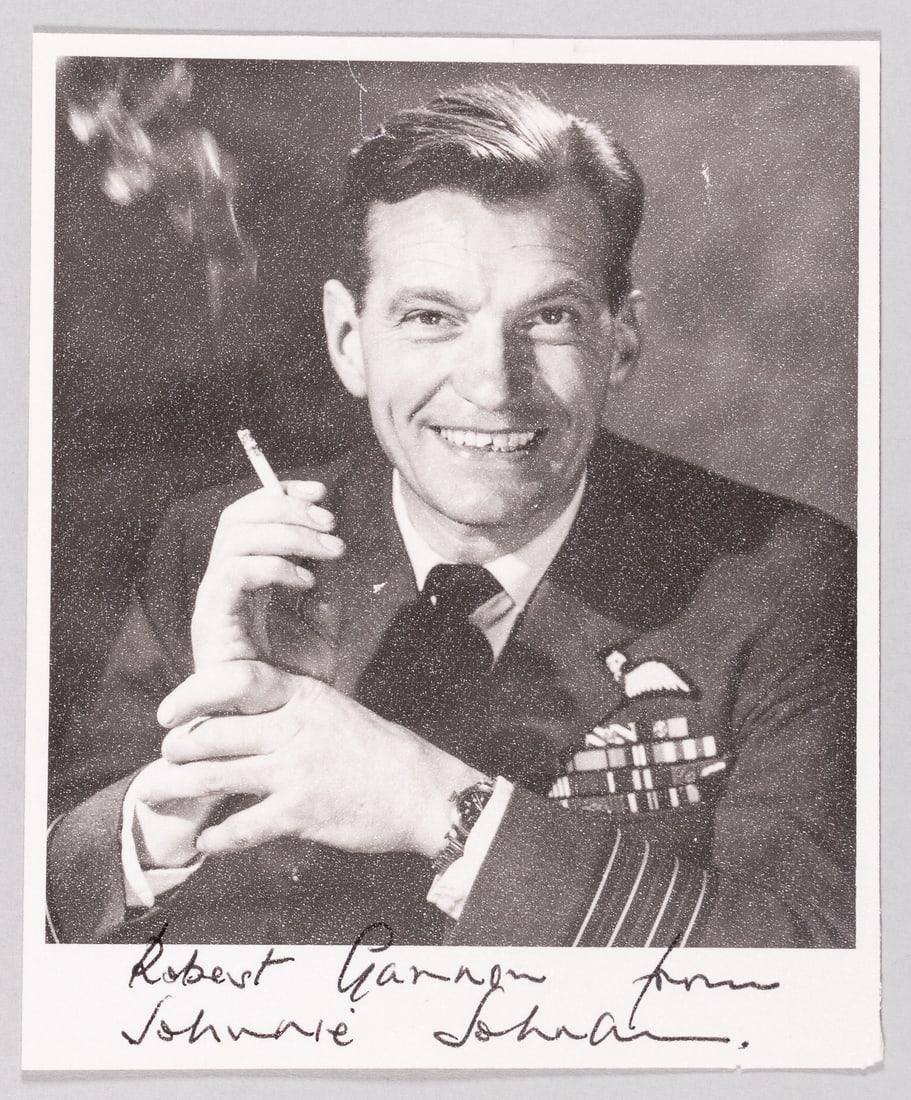 JAMES 'JOHNNIE' EDGAR JOHNSON: (1915-2001) Air Vice Marshal and WWII Fighting Ace with 34 accredited victories. Johnson flew 700 operational sorties and engaged enemy aircraft on 57 occasions. Including 4 x 4.5-inch b/w photo