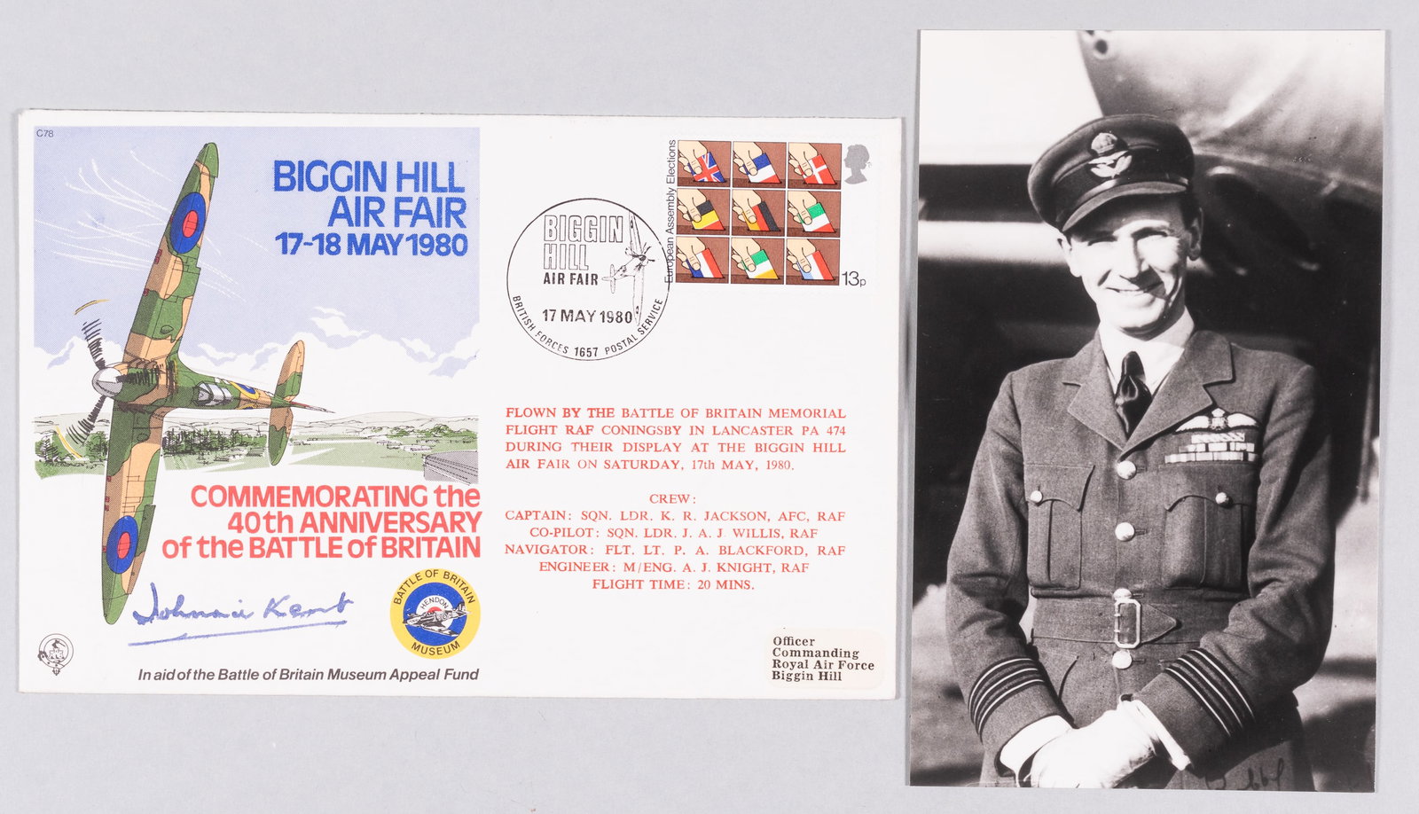 JOHN A KENT: (1914-1985) Canadian RAF fighter ace, credited with 13 aerial victories. Including a first-day cover commemorating the 40th Anniversary of the Battle of Britain, signed by Kent in black ink, dated May