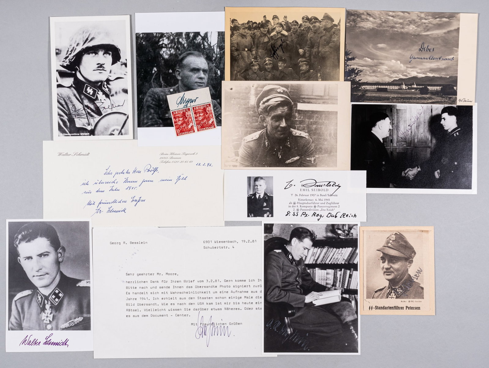 TEN WAFFEN-SS KNIGHT'S CROSS RECIPIENT AUTOGRAPHS: A collection of ten photographs autographed by Waffen-SS Knight's Cross recipients. GEORG BESSLEIN, signed letter in German, dated 19.2.81, GERHARD BREMER, HEINRICH PETERSEN, WALTER SCHMIDT, LOTHAR