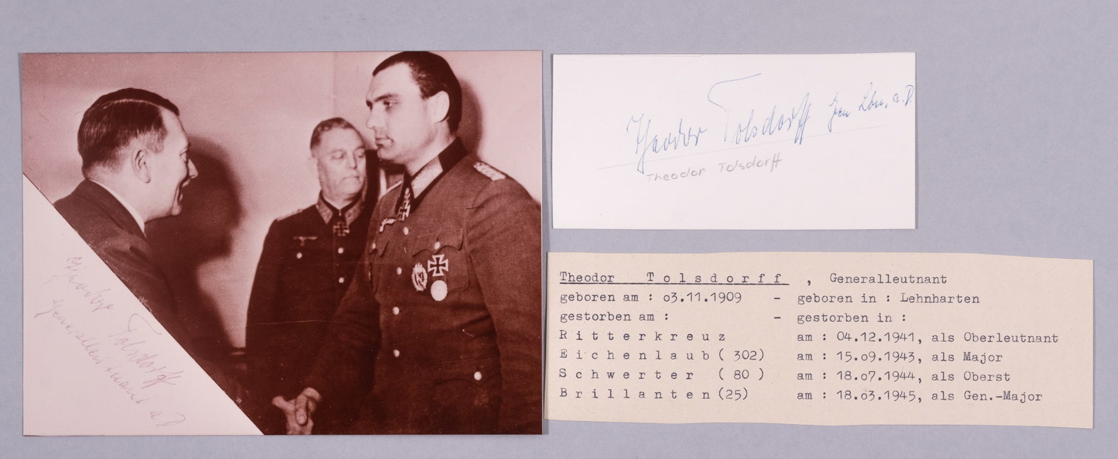 THEODOR TOLSDORFF: (1909-1978) Highly decorated Generalleutnant in the Army who participated in many battles, including the invasion of Poland, the Battle of France, Operation Barbarossa, Operation Bagration, and the
